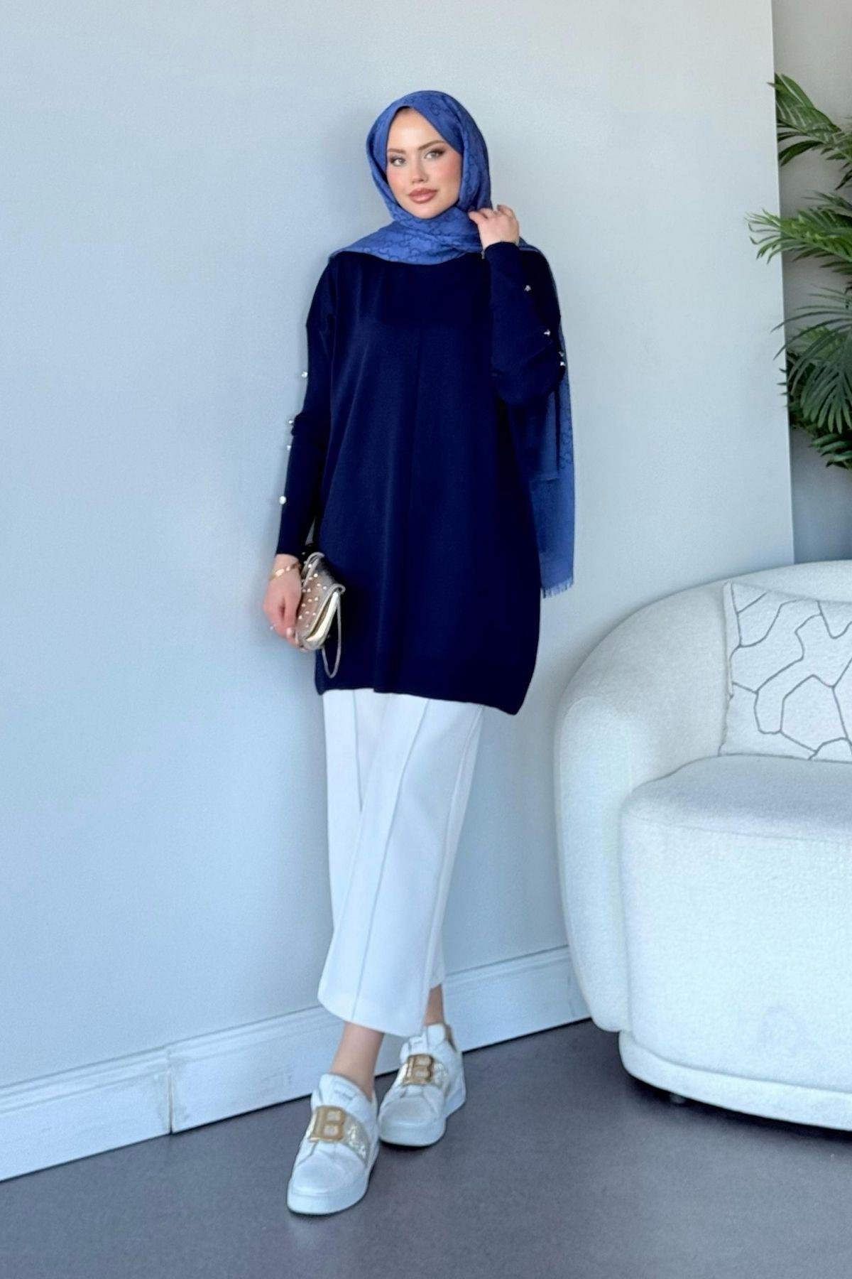 Düğmeli Merserize Tunik Lacivert, Fiyatları 