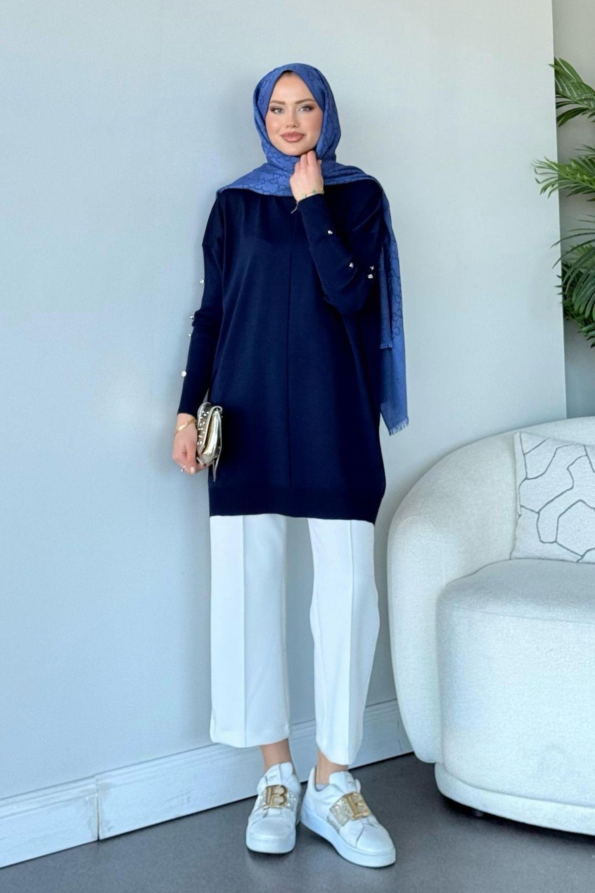 Düğmeli Merserize Tunik Lacivert, Fiyatları 