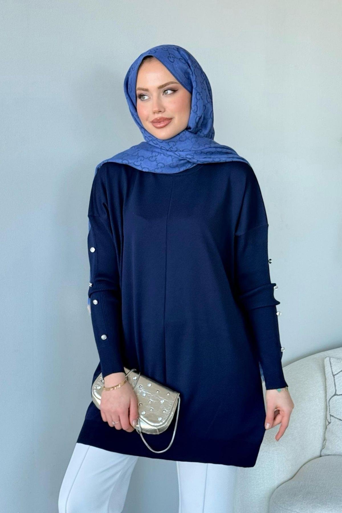 Düğmeli Merserize Tunik Lacivert, Fiyatları 