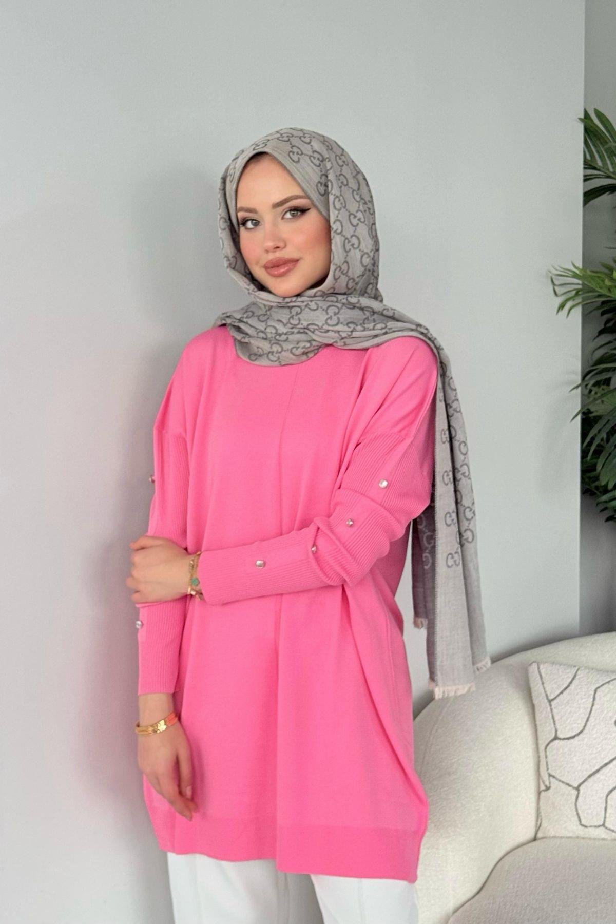 Düğmeli Merserize Tunik Pembe, Fiyatları Düğmeli Merserize Tunik Pembe - Haza Moda 