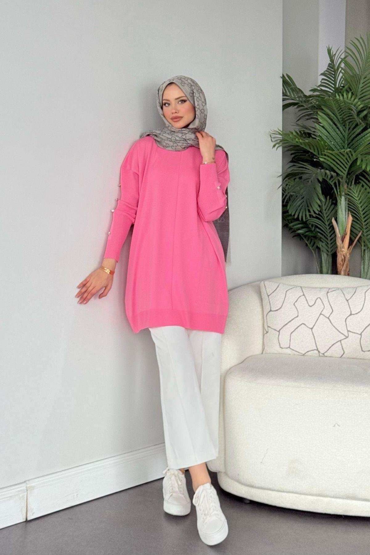 Düğmeli Merserize Tunik Pembe, Fiyatları Düğmeli Merserize Tunik Pembe - Haza Moda 