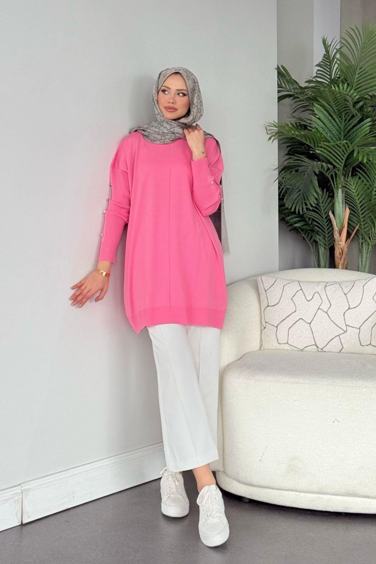 Düğmeli Merserize Tunik Pembe, Fiyatları Düğmeli Merserize Tunik Pembe - Haza Moda 