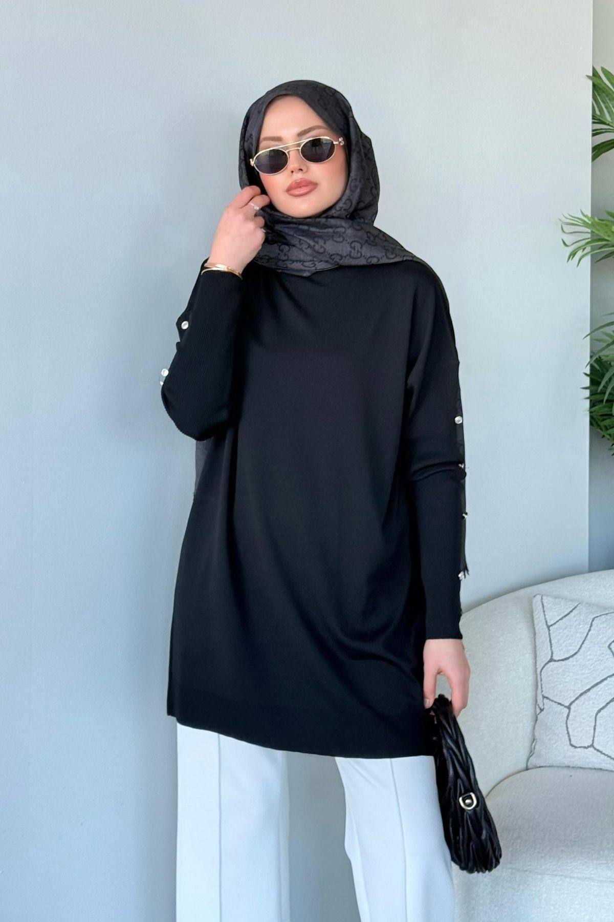 Düğmeli Merserize Tunik Siyah, Fiyatları 