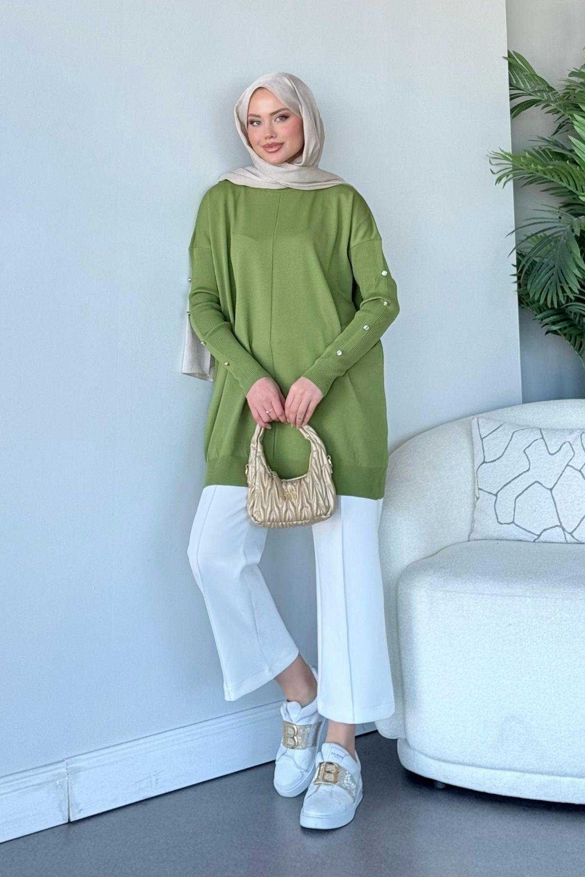 Düğmeli Merserize Tunik Yağyeşili, Fiyatları 