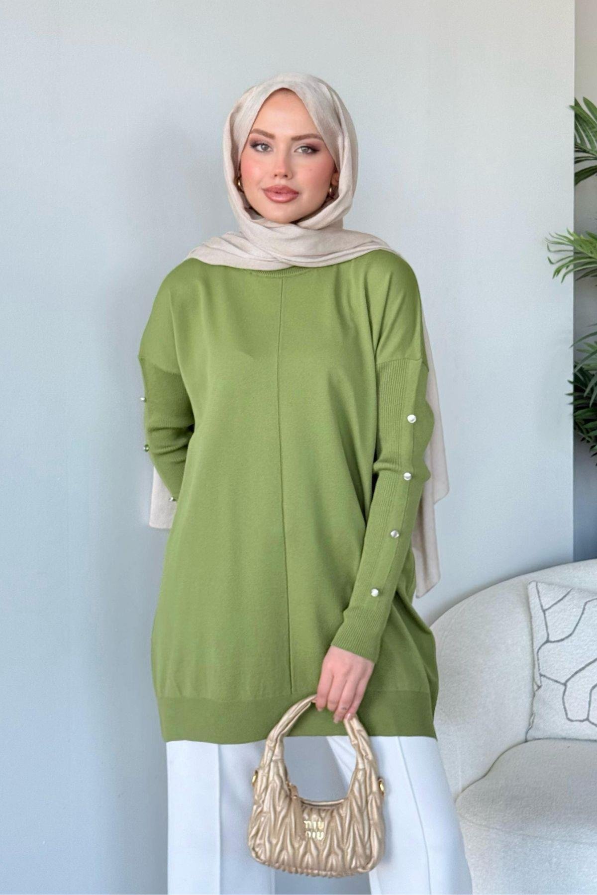Düğmeli Merserize Tunik Yağyeşili, Fiyatları 