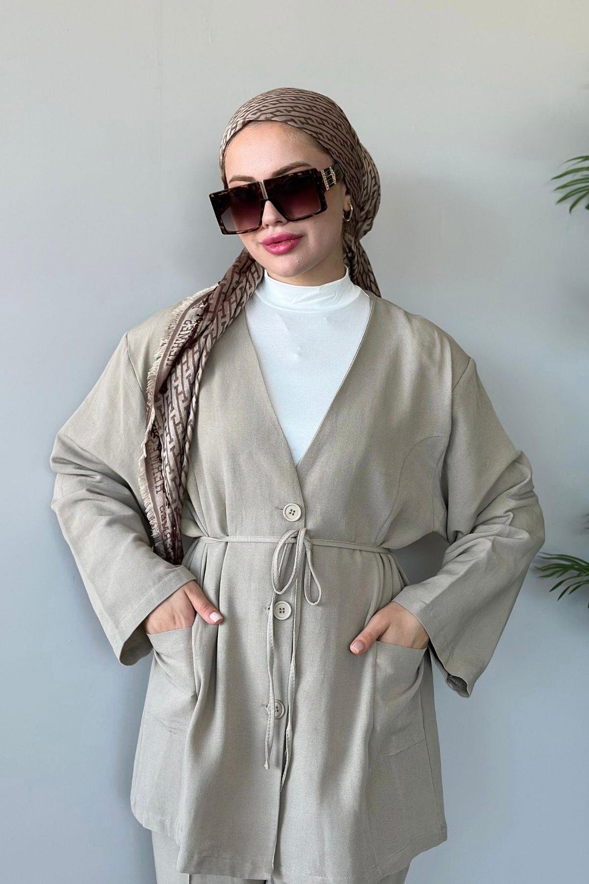 Dures Keten Kuşaklı Premium Takım Bej, Fiyatları 