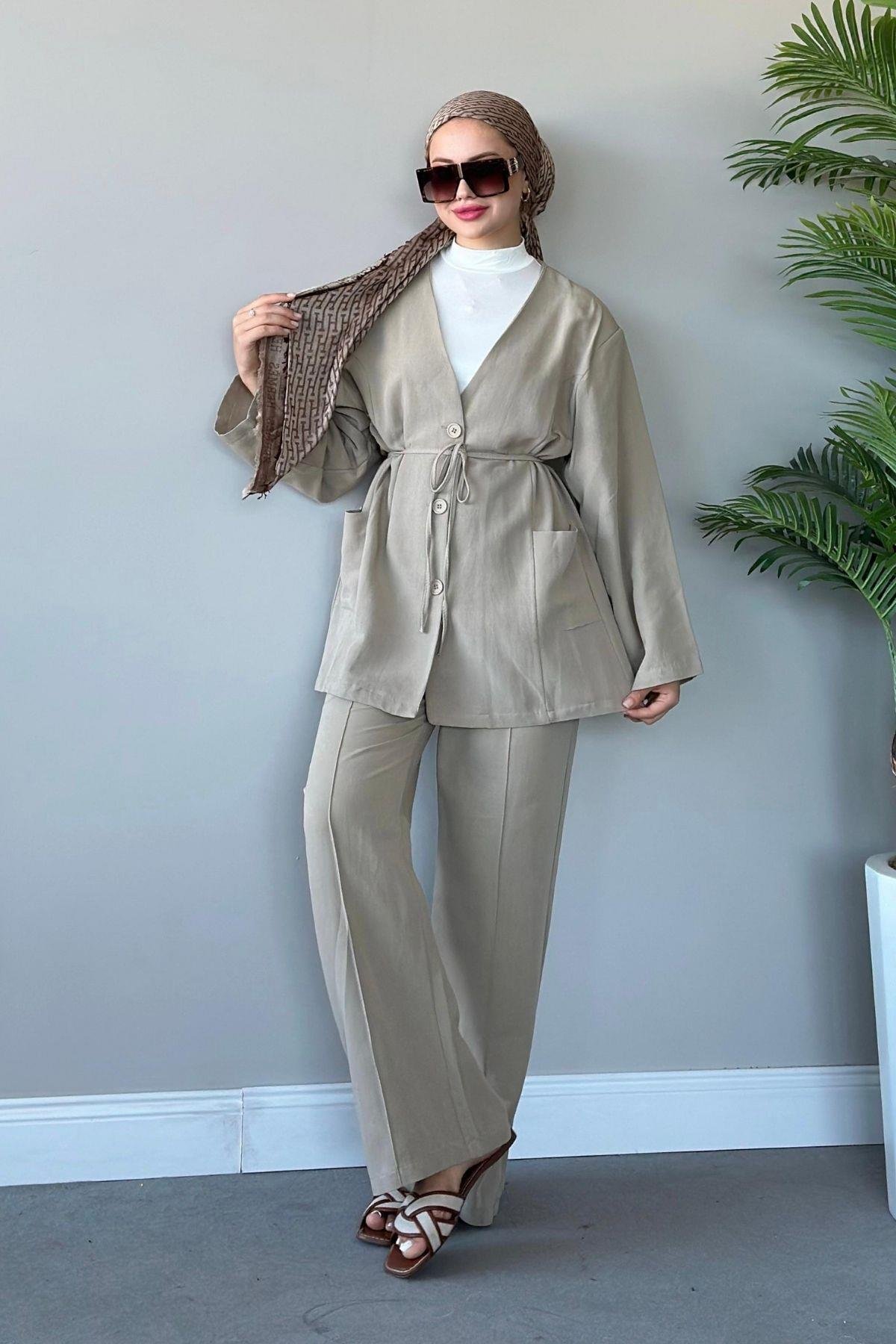 Dures Keten Kuşaklı Premium Takım Bej, Fiyatları 