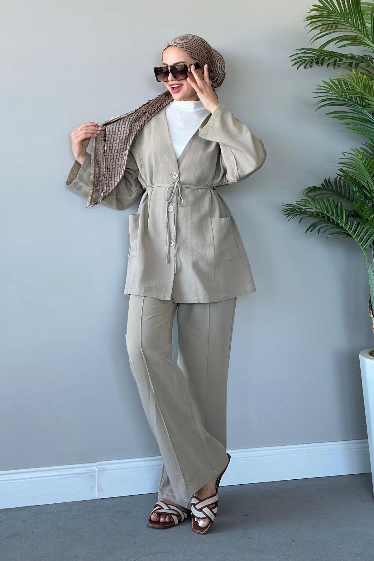 Dures Keten Kuşaklı Premium Takım Bej, Fiyatları 