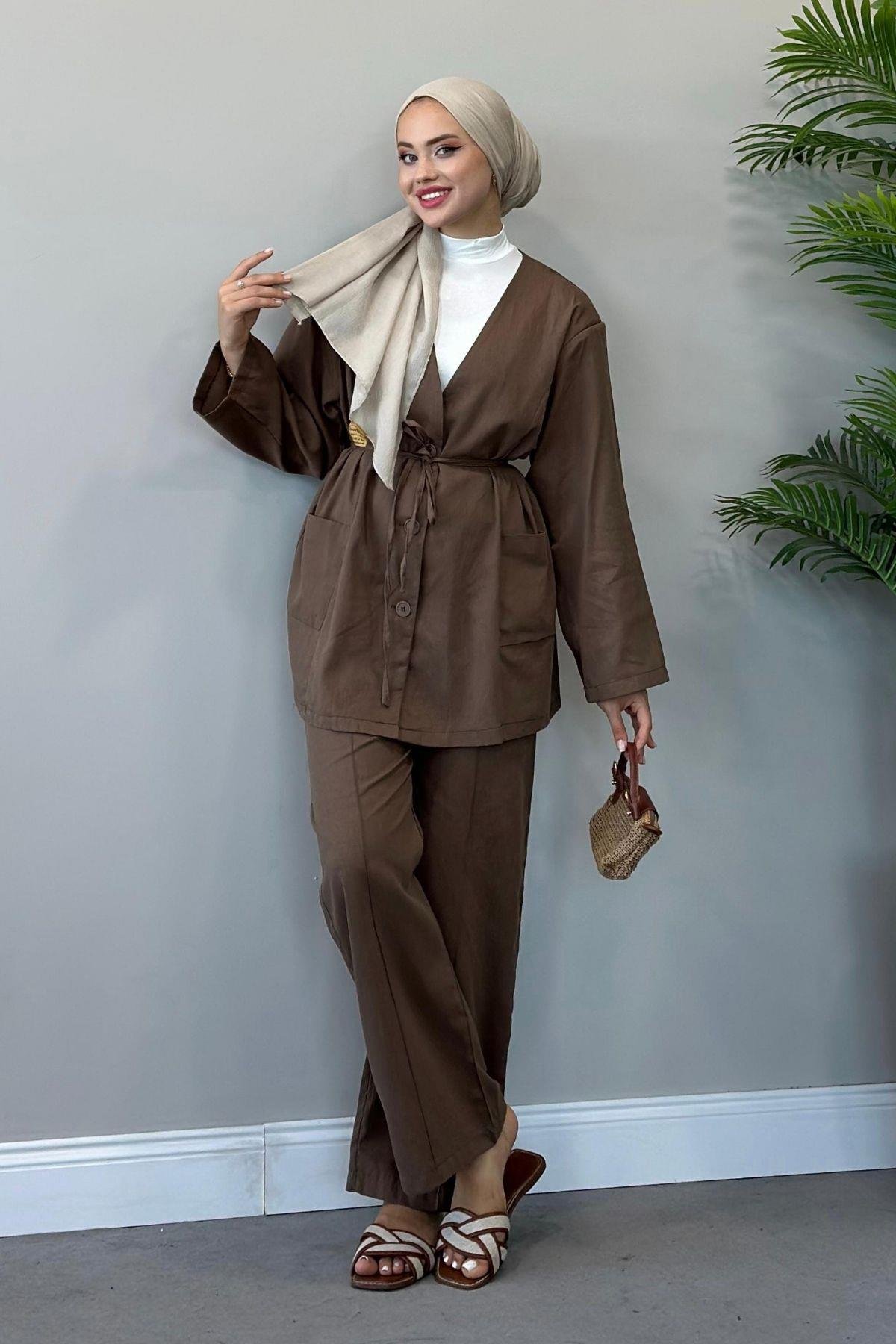 Dures Keten Kuşaklı Premium Takım Kahverengi, Fiyatları 