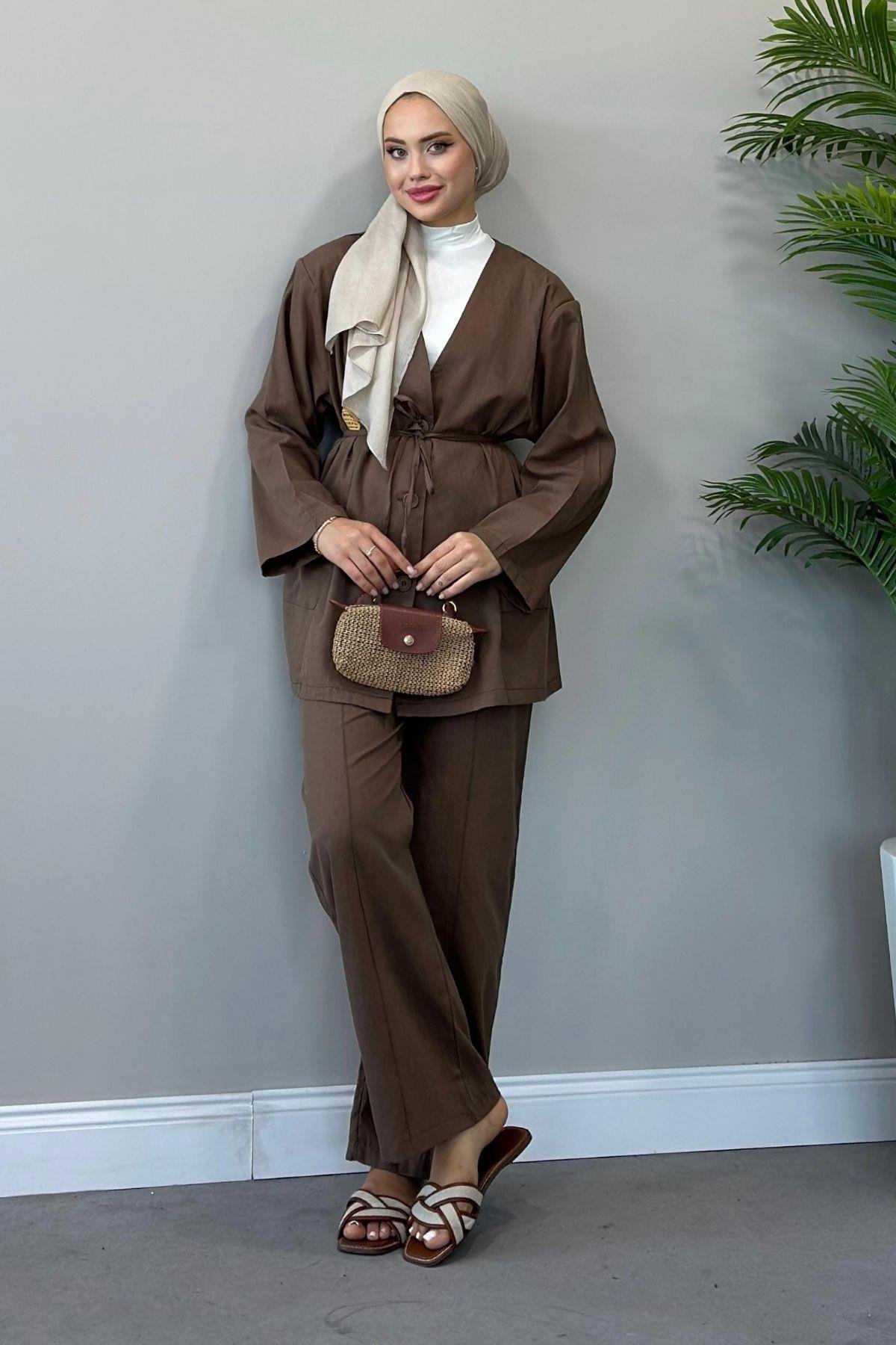 Dures Keten Kuşaklı Premium Takım Kahverengi, Fiyatları 