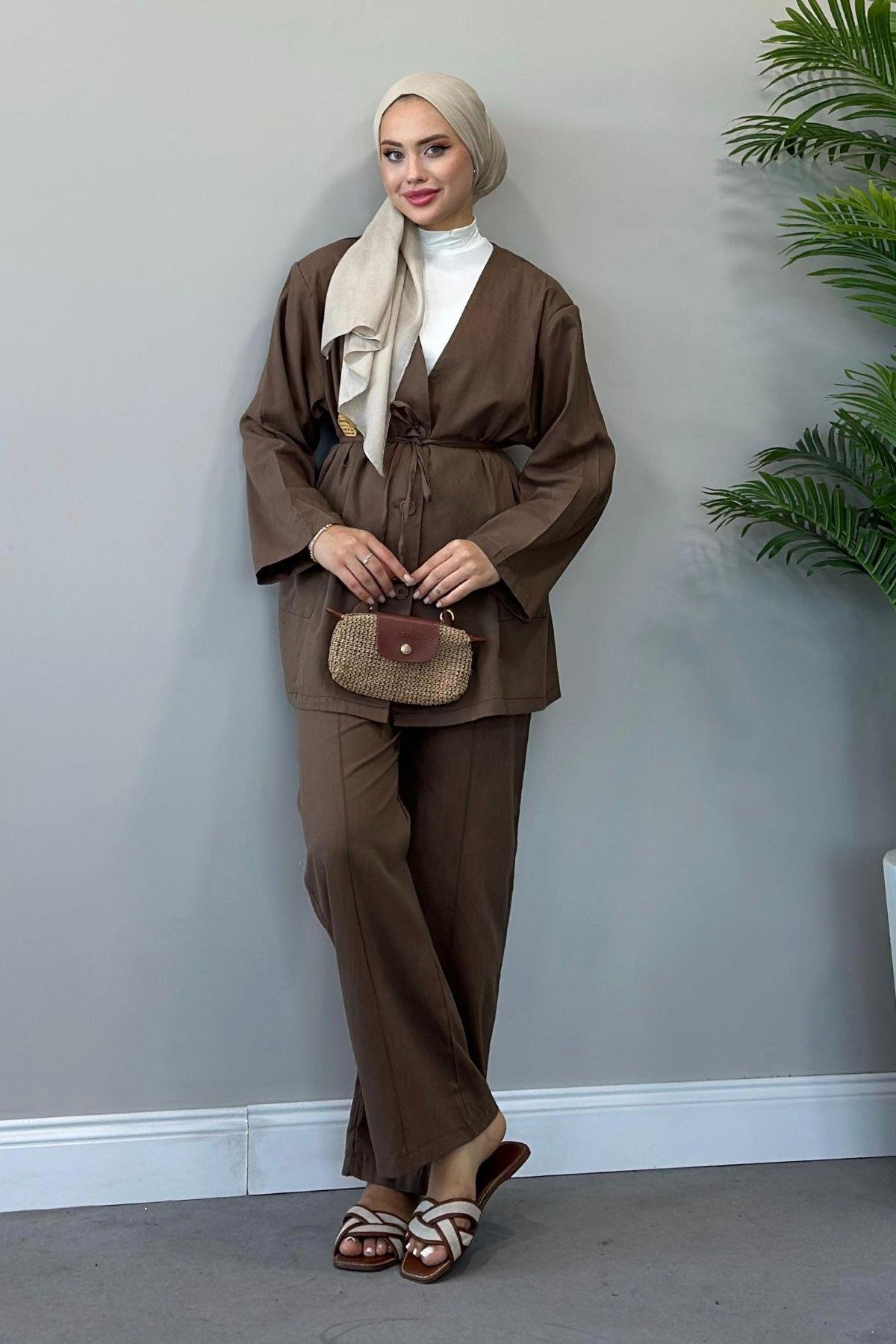 Dures Keten Kuşaklı Premium Takım Kahverengi, Fiyatları 