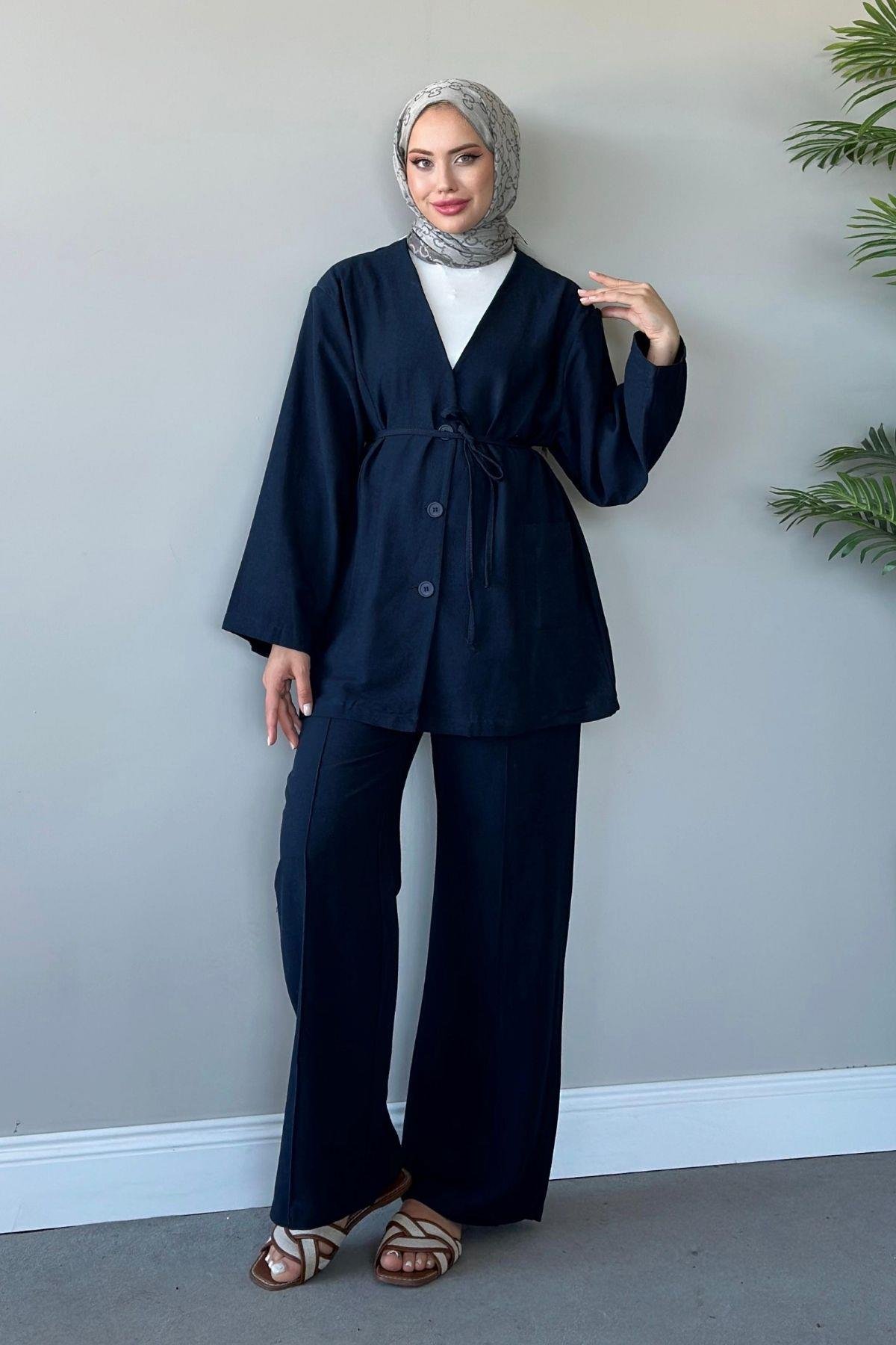 Dures Keten Kuşaklı Premium Takım Lacivert, Fiyatları 