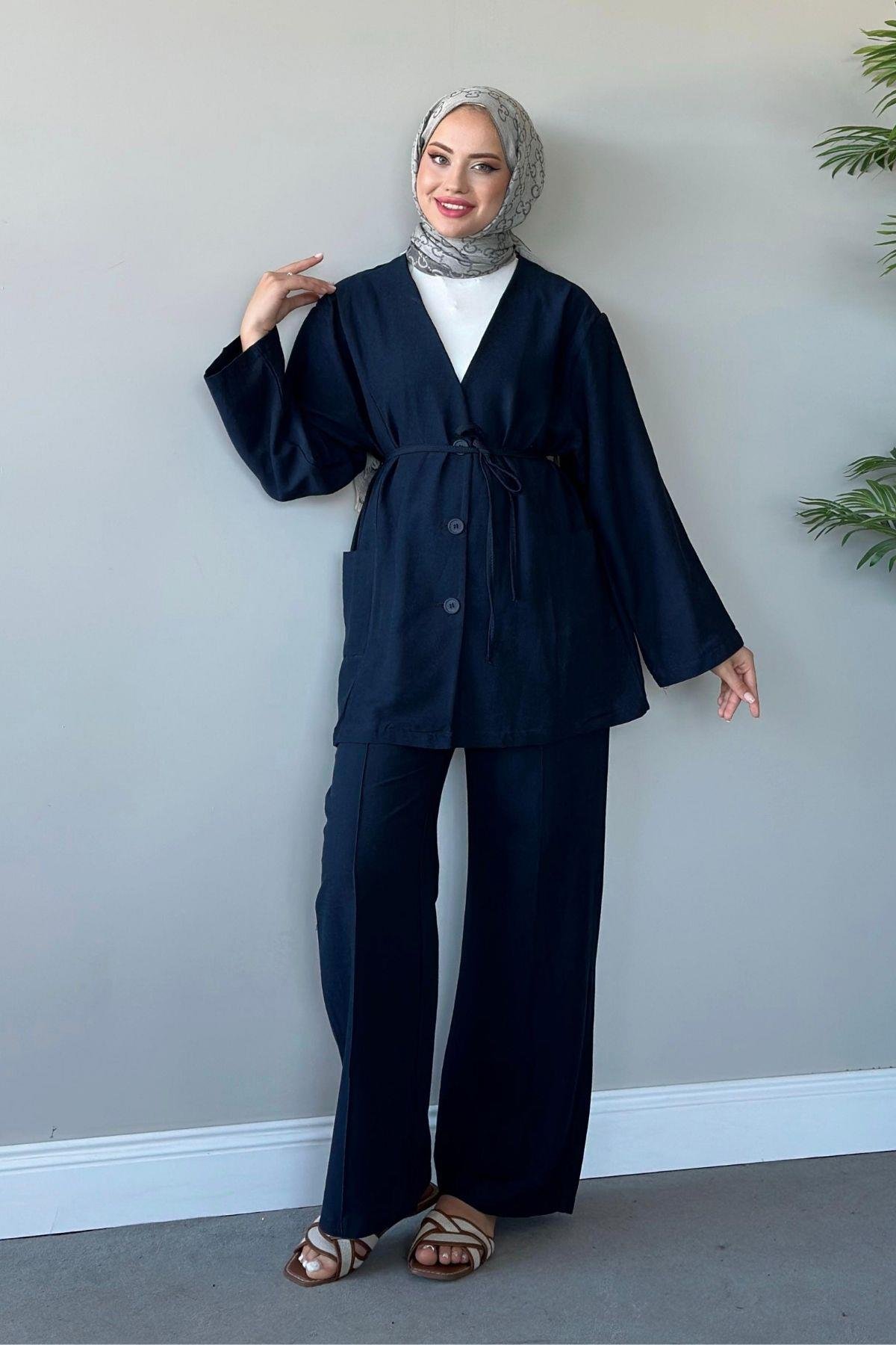 Dures Keten Kuşaklı Premium Takım Lacivert, Fiyatları 