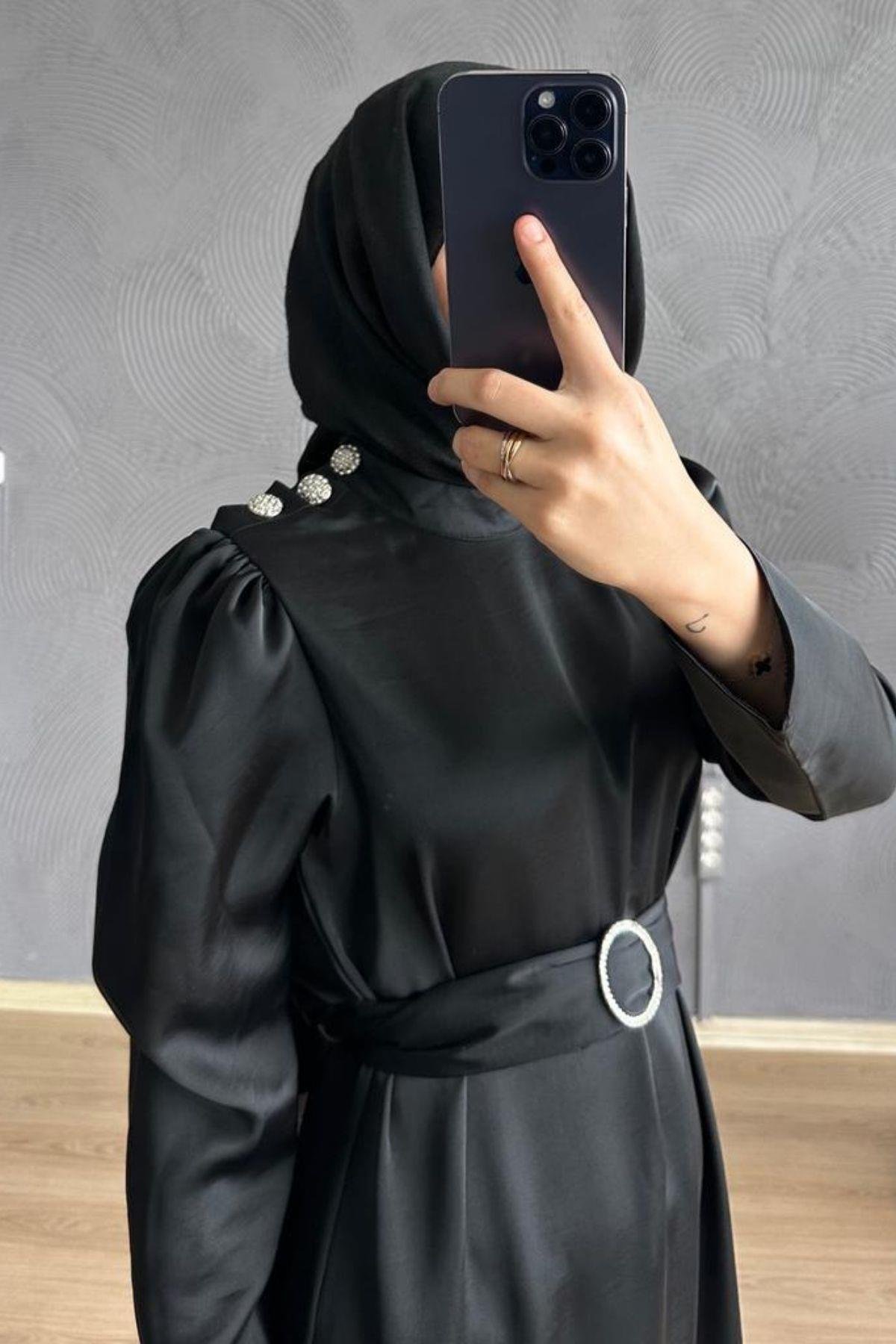 Düz Kesim Taşlı Saten Elbise Siyah, Fiyatları 