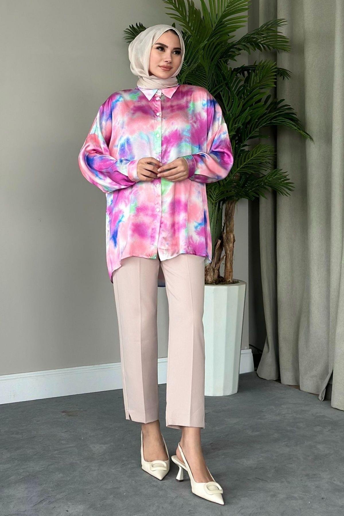 Ebruli Saten Gömlek Pembe, Fiyatları 