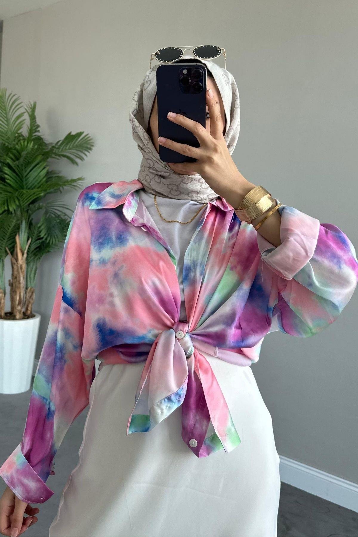 Ebruli Saten Gömlek Pembe, Fiyatları 