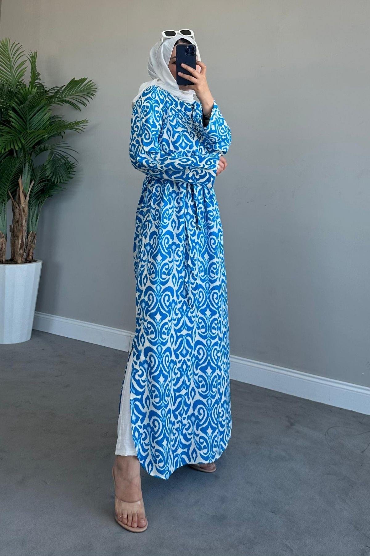 Ebruli Viskon Elbise Mavi, Fiyatları 