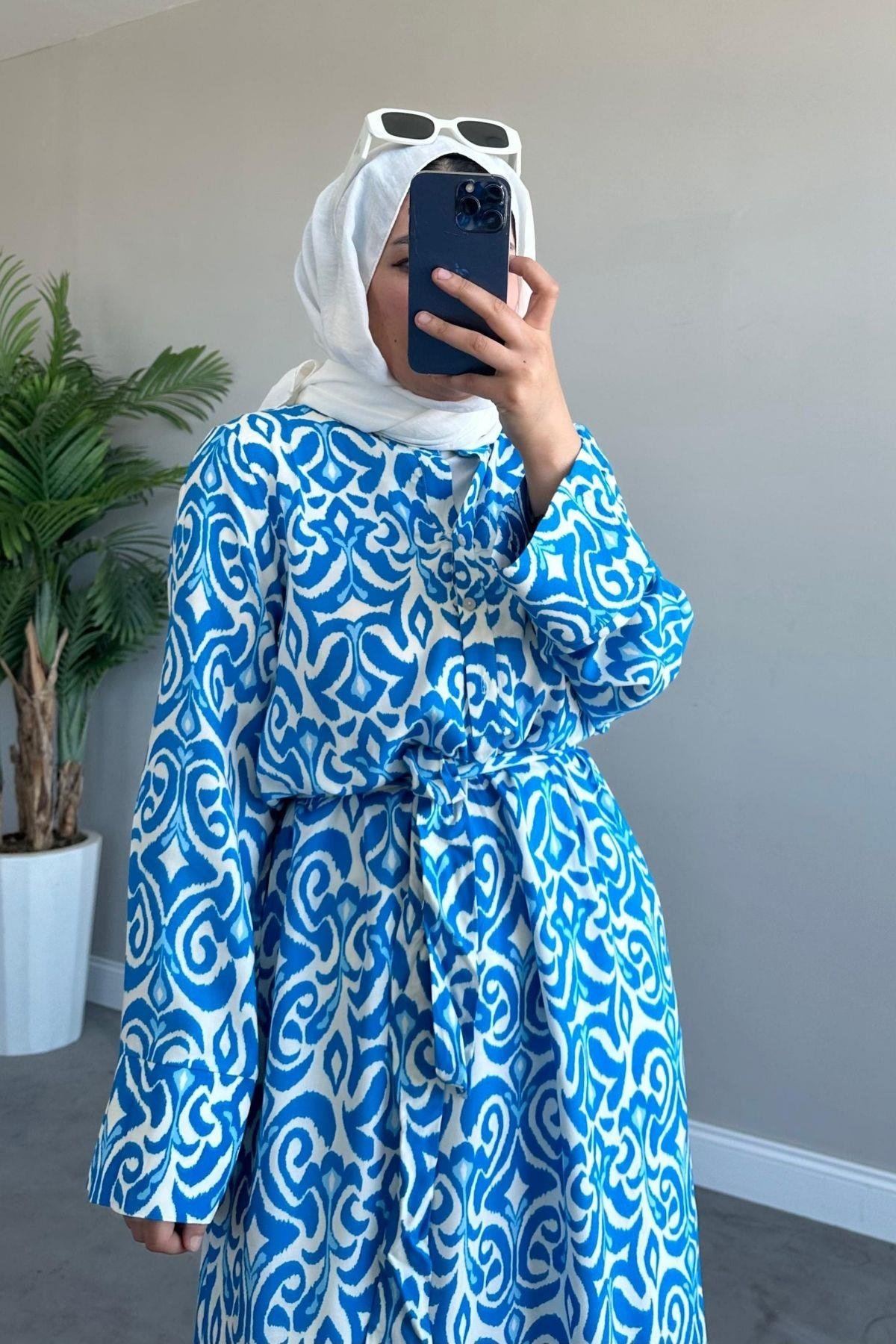 Ebruli Viskon Elbise Mavi, Fiyatları 