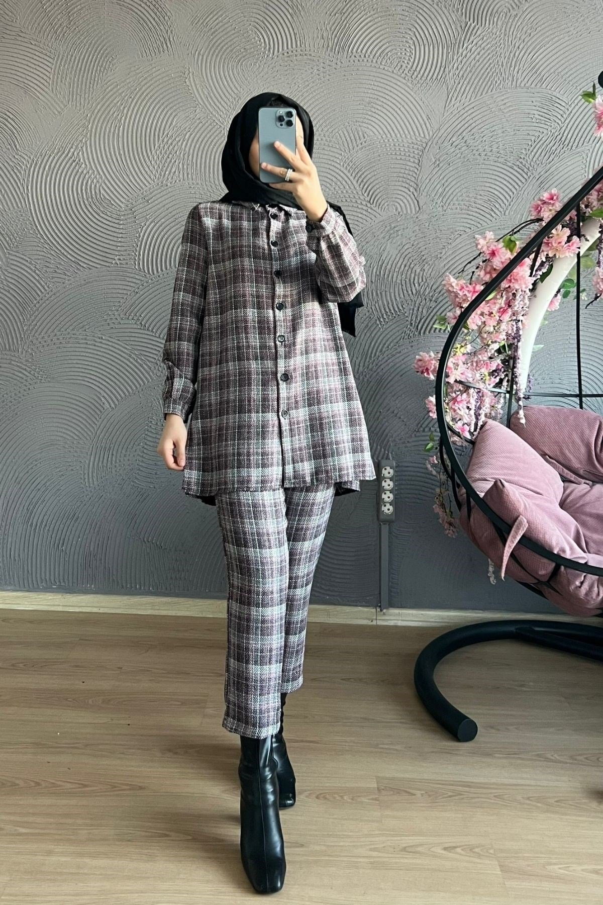 Ekose Takım-BORDO, Fiyatları Büyük Cepli Takım-EKRU – Haza Moda | Tesettür Giyim