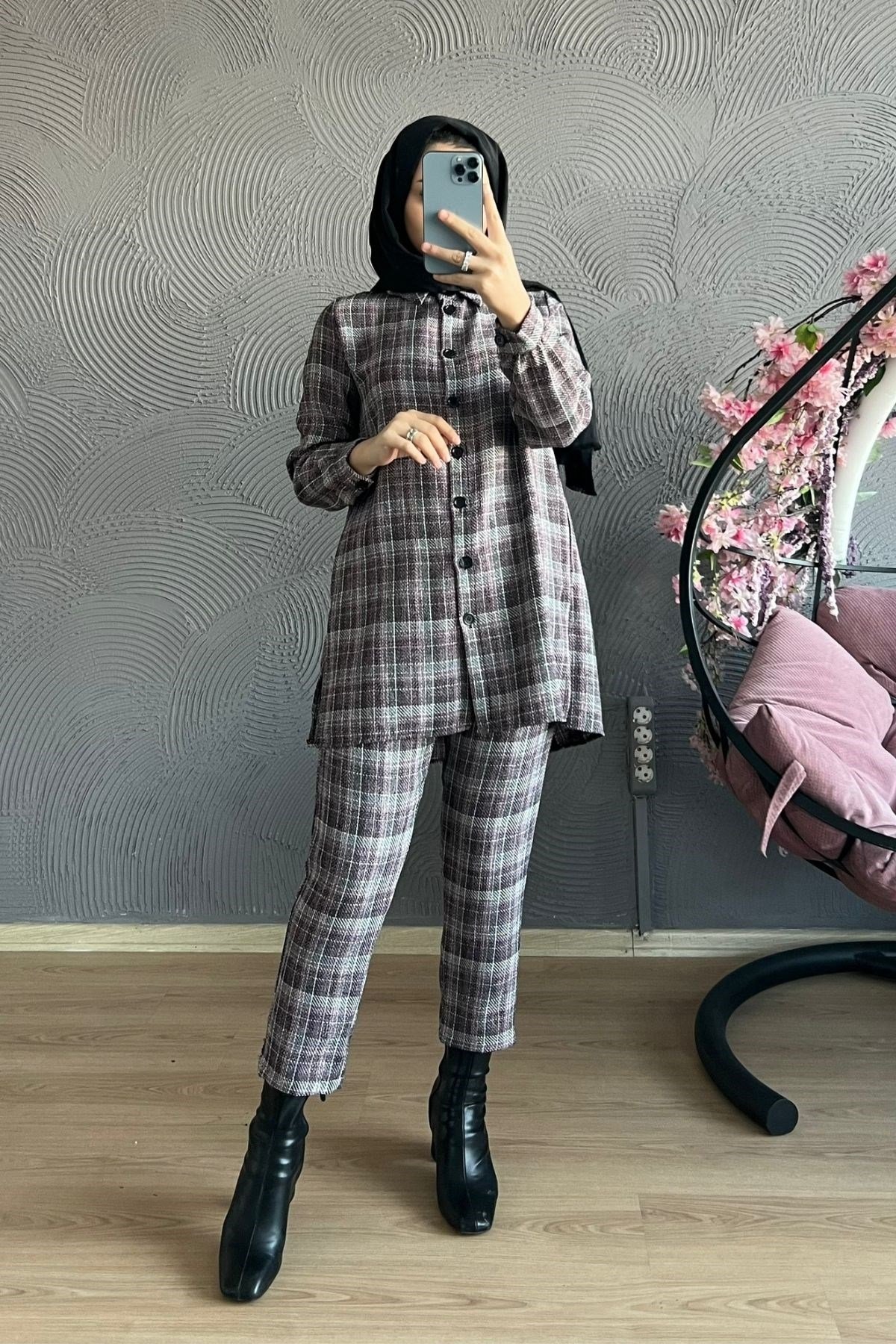 Ekose Takım-BORDO, Fiyatları Büyük Cepli Takım-EKRU – Haza Moda | Tesettür Giyim