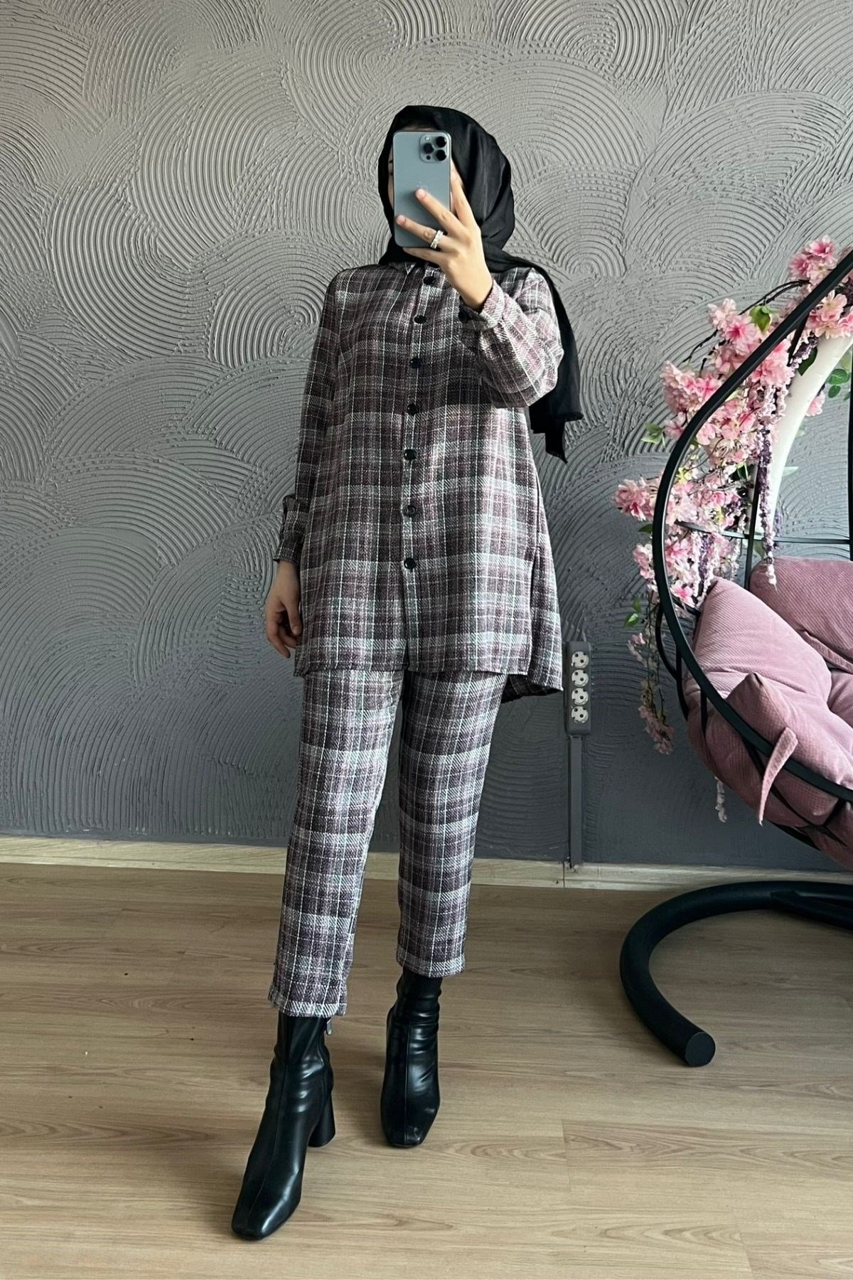 Ekose Takım-BORDO, Fiyatları Büyük Cepli Takım-EKRU – Haza Moda | Tesettür Giyim