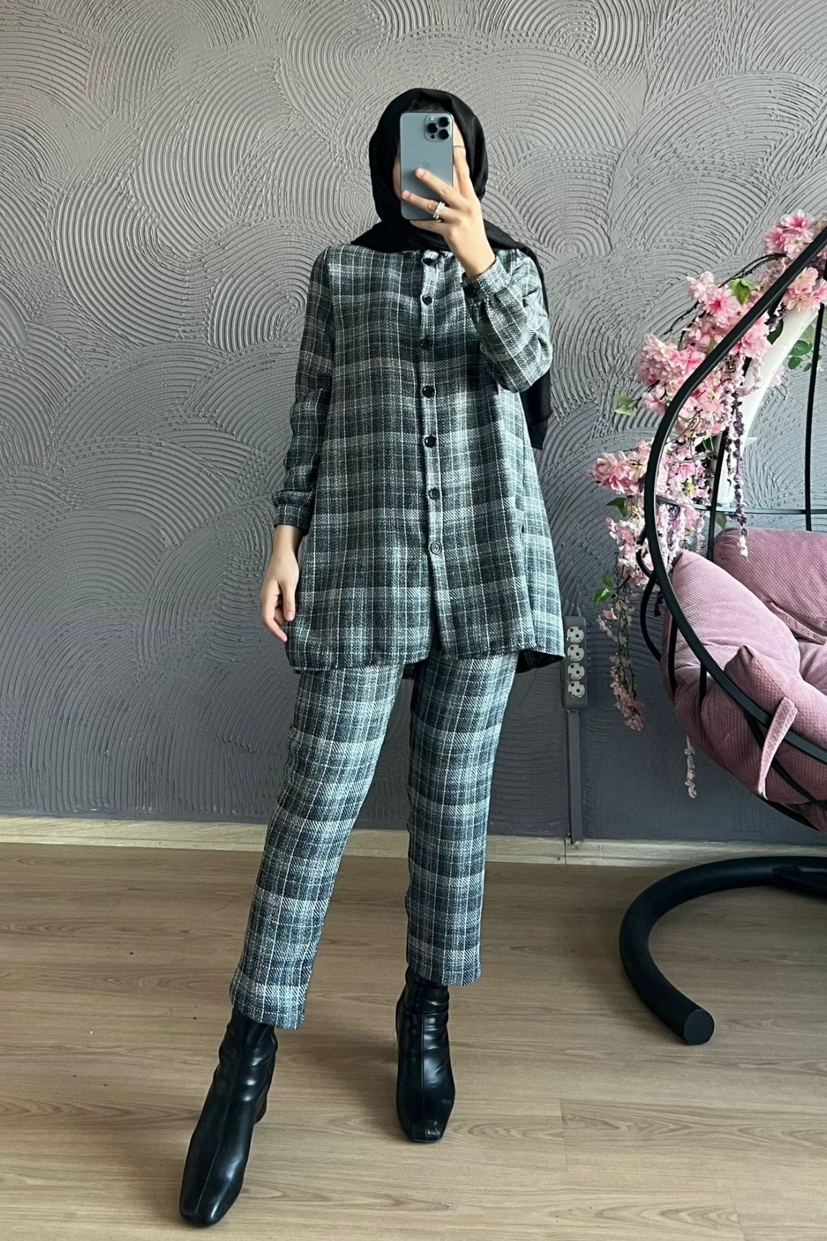 Ekose Takım-GRİ, Fiyatları Büyük Cepli Takım-EKRU – Haza Moda | Tesettür Giyim