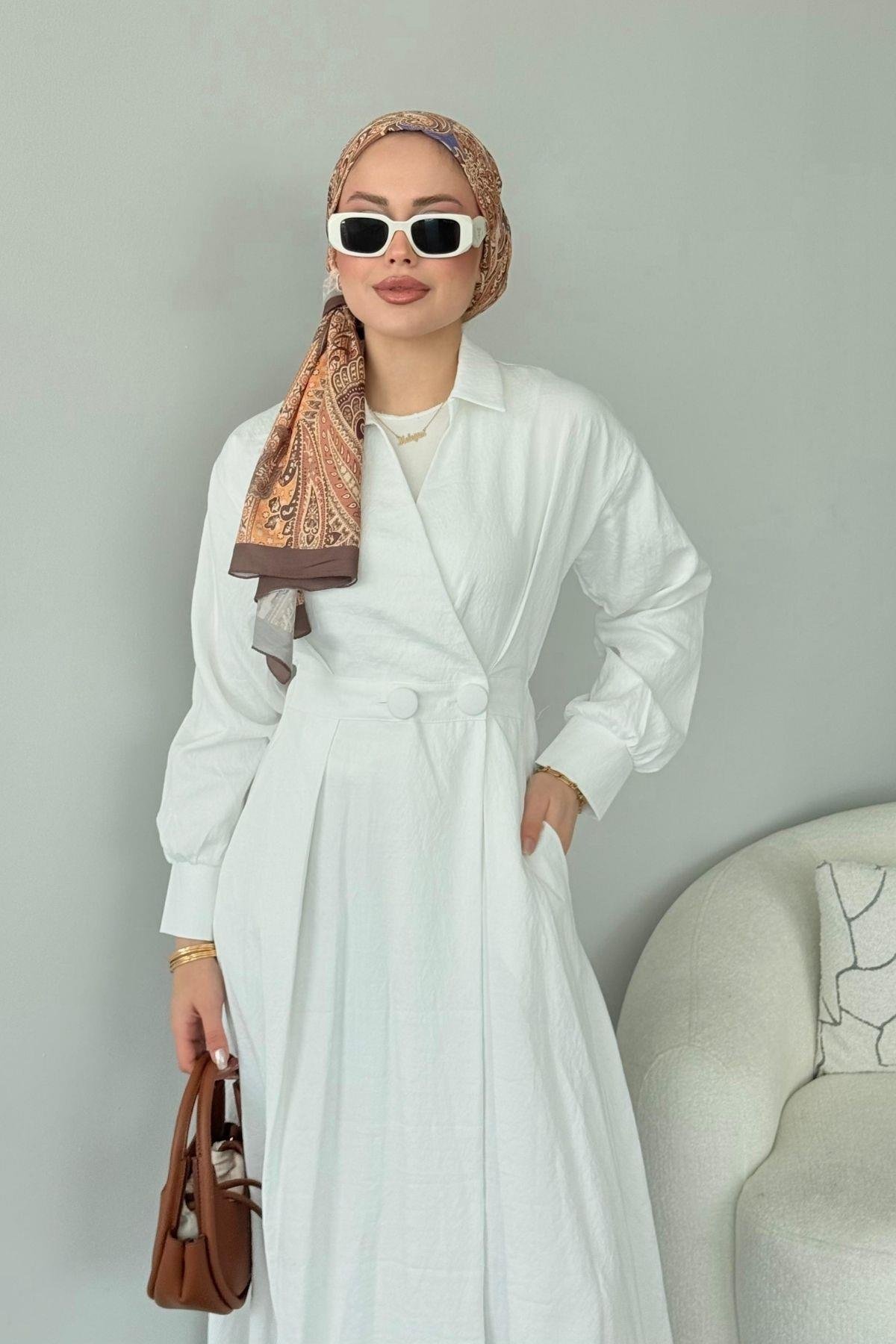 Elizabeth Düğmeli Elbise Beyaz, Fiyatları Elizabeth Düğmeli Elbise Beyaz- Haza Moda