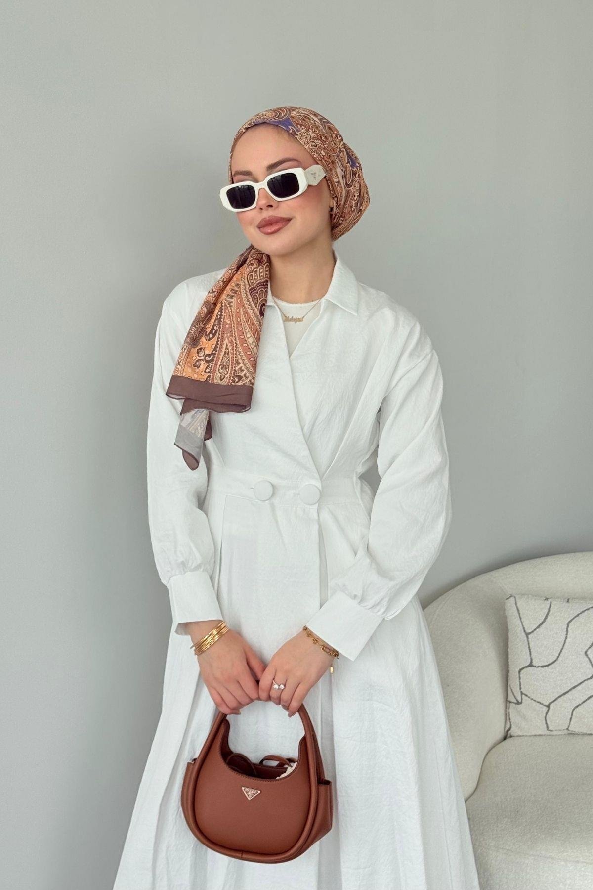 Elizabeth Düğmeli Elbise Beyaz, Fiyatları Elizabeth Düğmeli Elbise Beyaz- Haza Moda