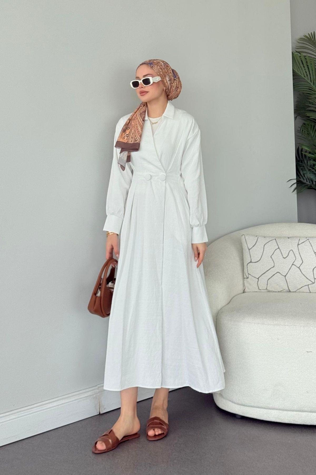 Elizabeth Düğmeli Elbise Beyaz, Fiyatları Elizabeth Düğmeli Elbise Beyaz- Haza Moda