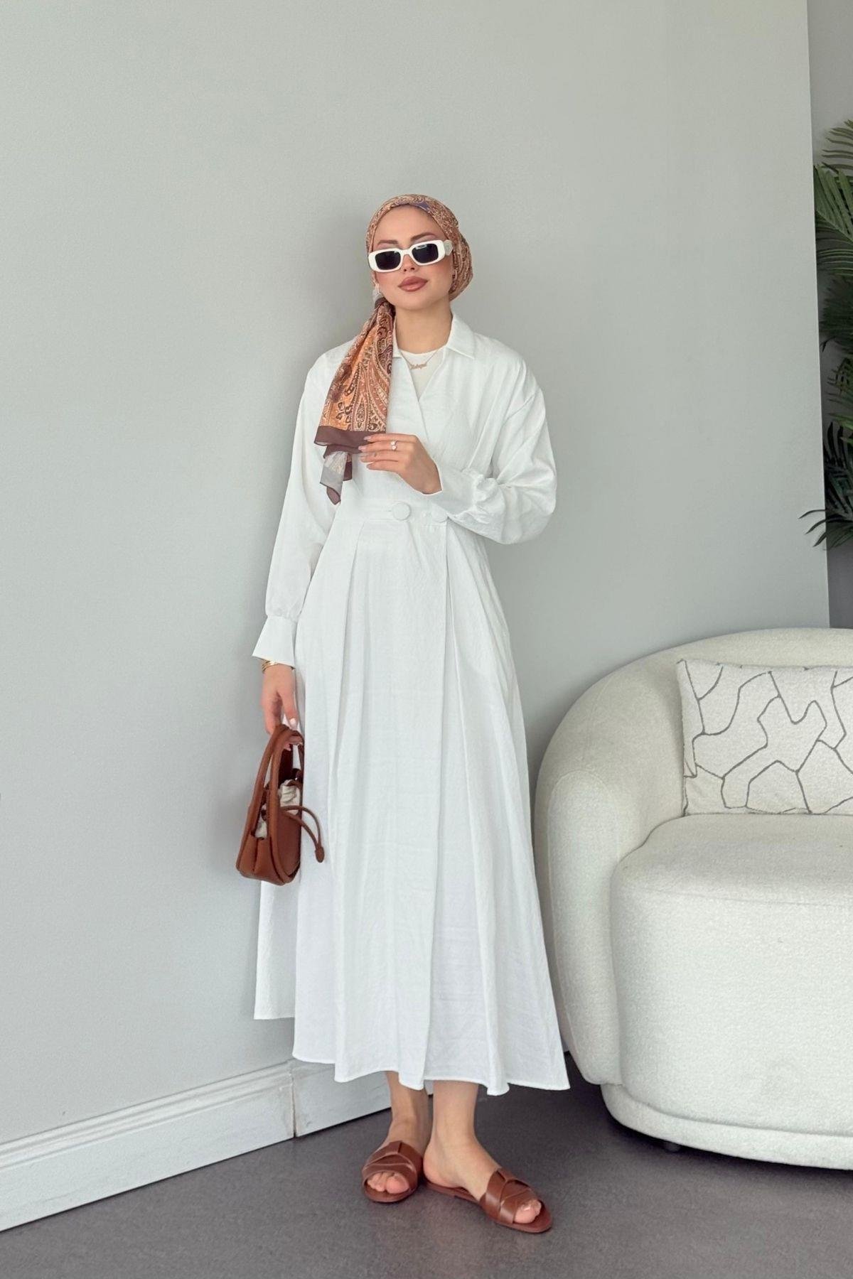 Elizabeth Düğmeli Elbise Beyaz, Fiyatları Elizabeth Düğmeli Elbise Beyaz- Haza Moda