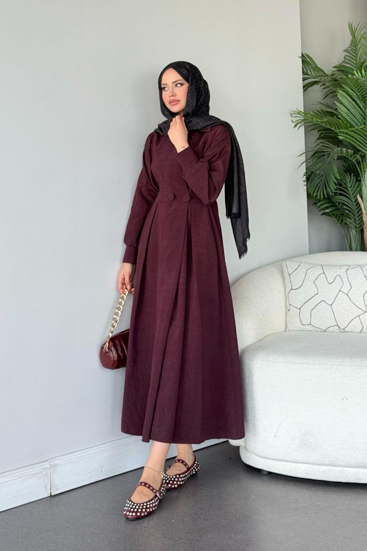 Elizabeth Düğmeli Elbise Bordo, Fiyatları Elizabeth Düğmeli Elbise Bordo