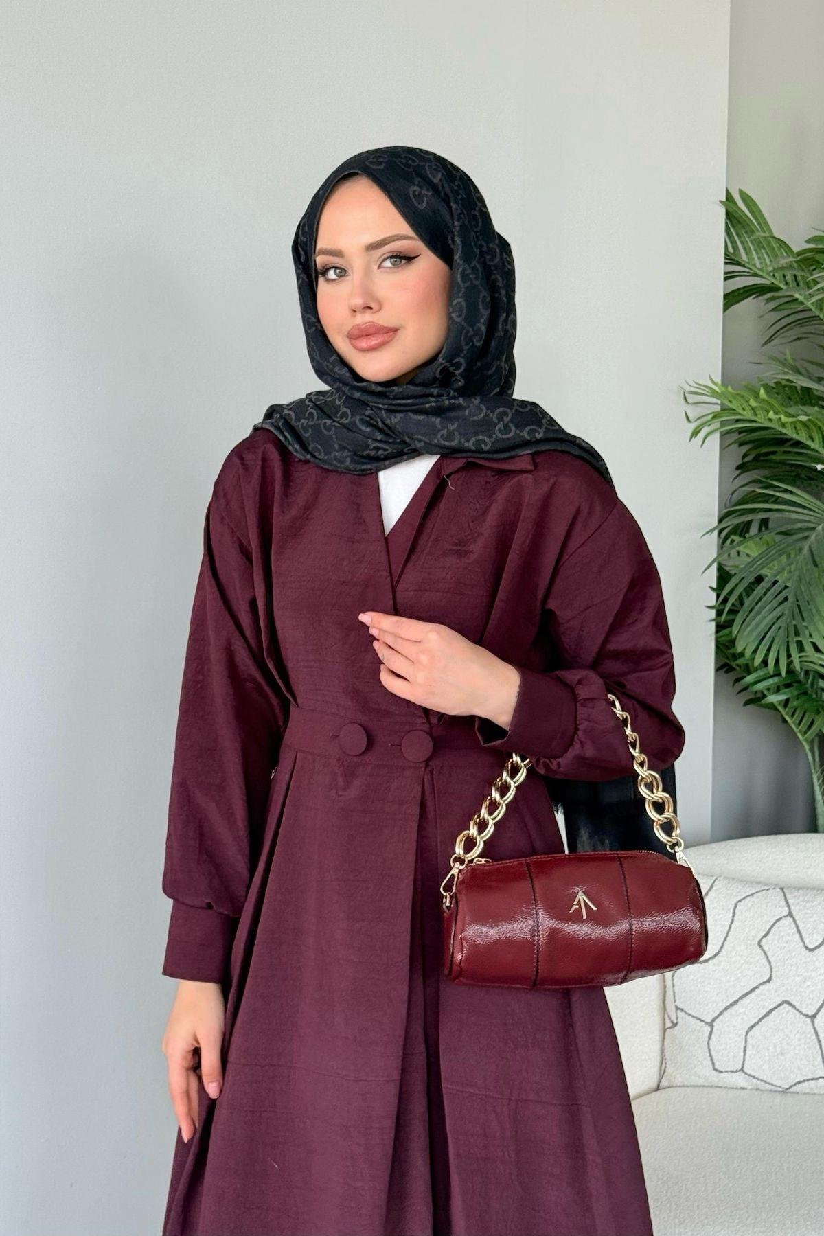 Elizabeth Düğmeli Elbise Bordo, Fiyatları Elizabeth Düğmeli Elbise Bordo