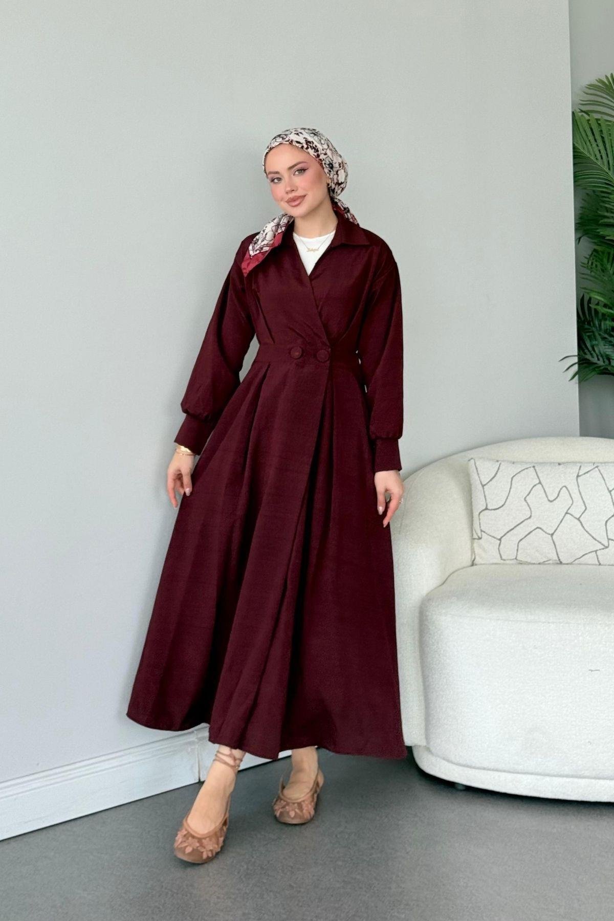 Elizabeth Düğmeli Elbise Mürdüm, Fiyatları Elizabeth Düğmeli Elbise Mürdüm- Haza Moda