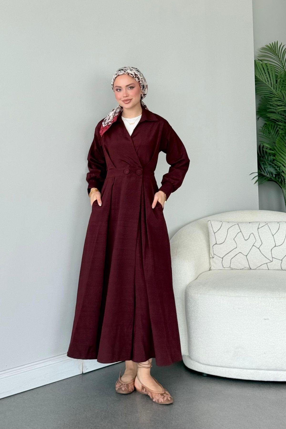 Elizabeth Düğmeli Elbise Mürdüm, Fiyatları Elizabeth Düğmeli Elbise Mürdüm- Haza Moda