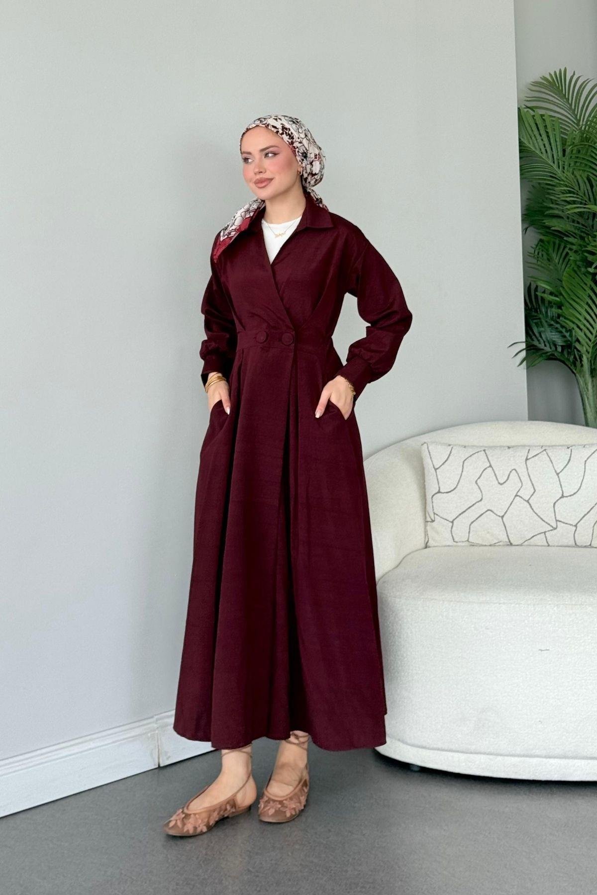 Elizabeth Düğmeli Elbise Mürdüm, Fiyatları Elizabeth Düğmeli Elbise Mürdüm- Haza Moda