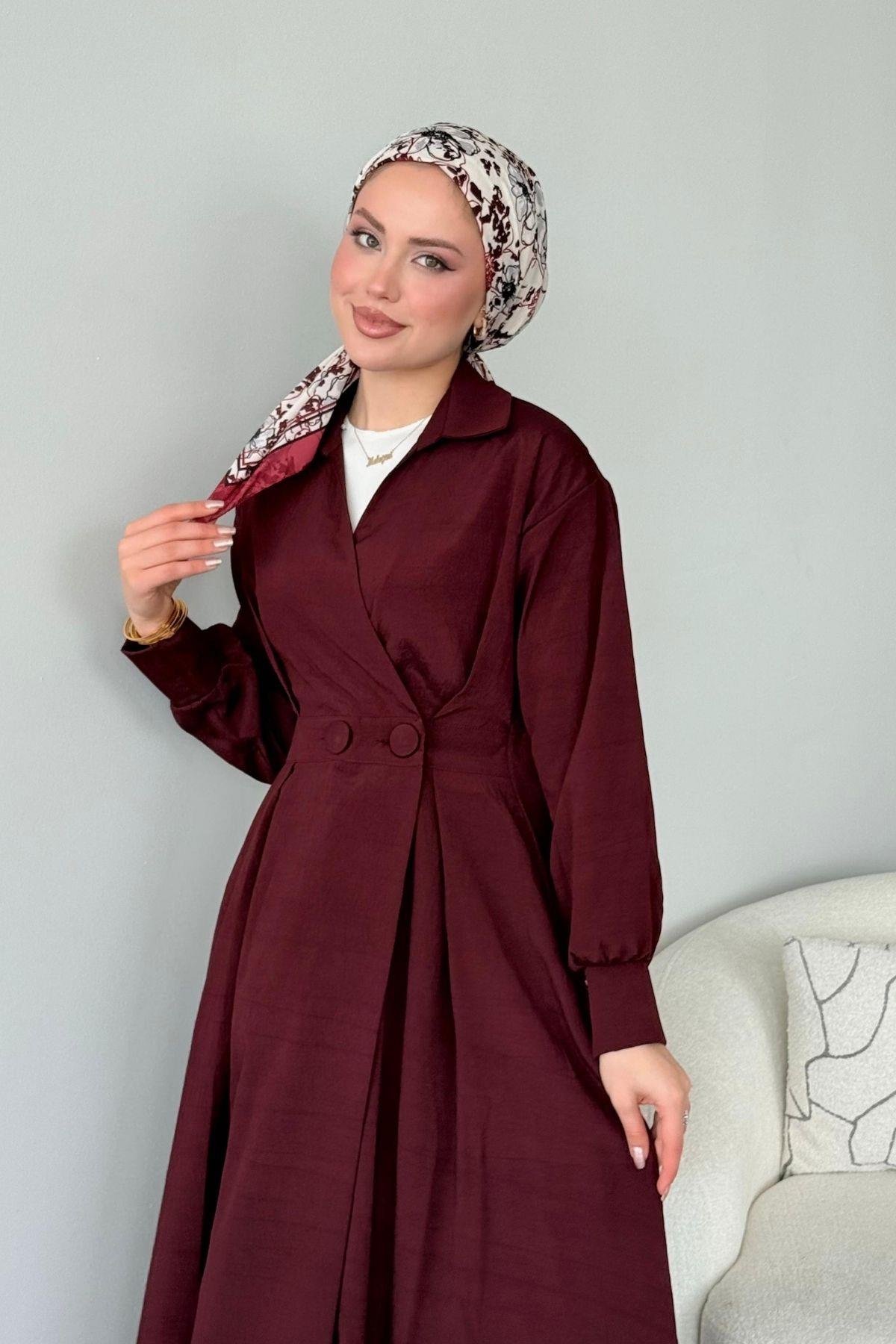 Elizabeth Düğmeli Elbise Mürdüm, Fiyatları Elizabeth Düğmeli Elbise Mürdüm- Haza Moda