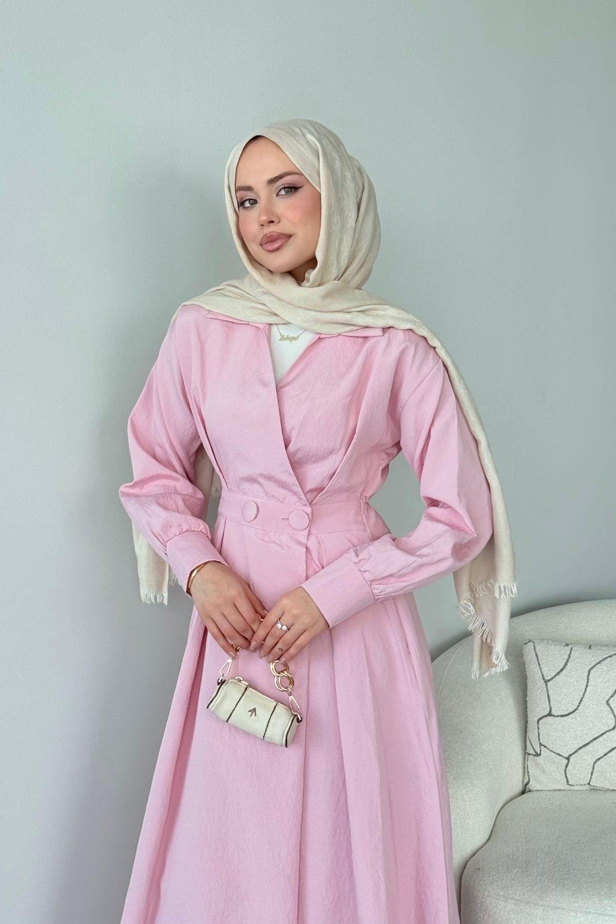 Elizabeth Düğmeli Elbise Pembe, Fiyatları Elizabeth Düğmeli Elbise Pembe- Haza Moda