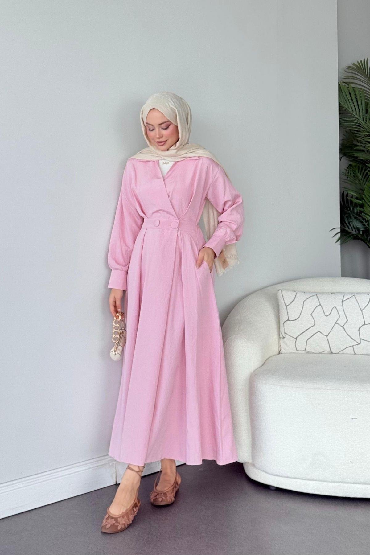 Elizabeth Düğmeli Elbise Pembe, Fiyatları Elizabeth Düğmeli Elbise Pembe- Haza Moda