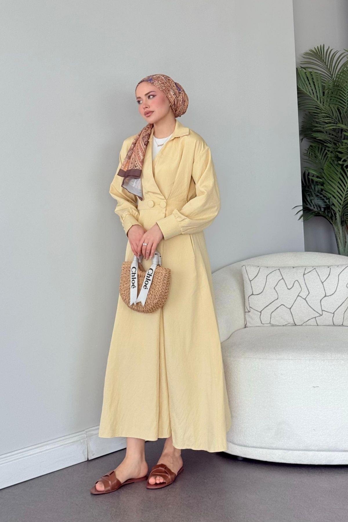 Elizabeth Düğmeli Elbise Sarı, Fiyatları Elizabeth Düğmeli Elbise Sarı- Haza Moda