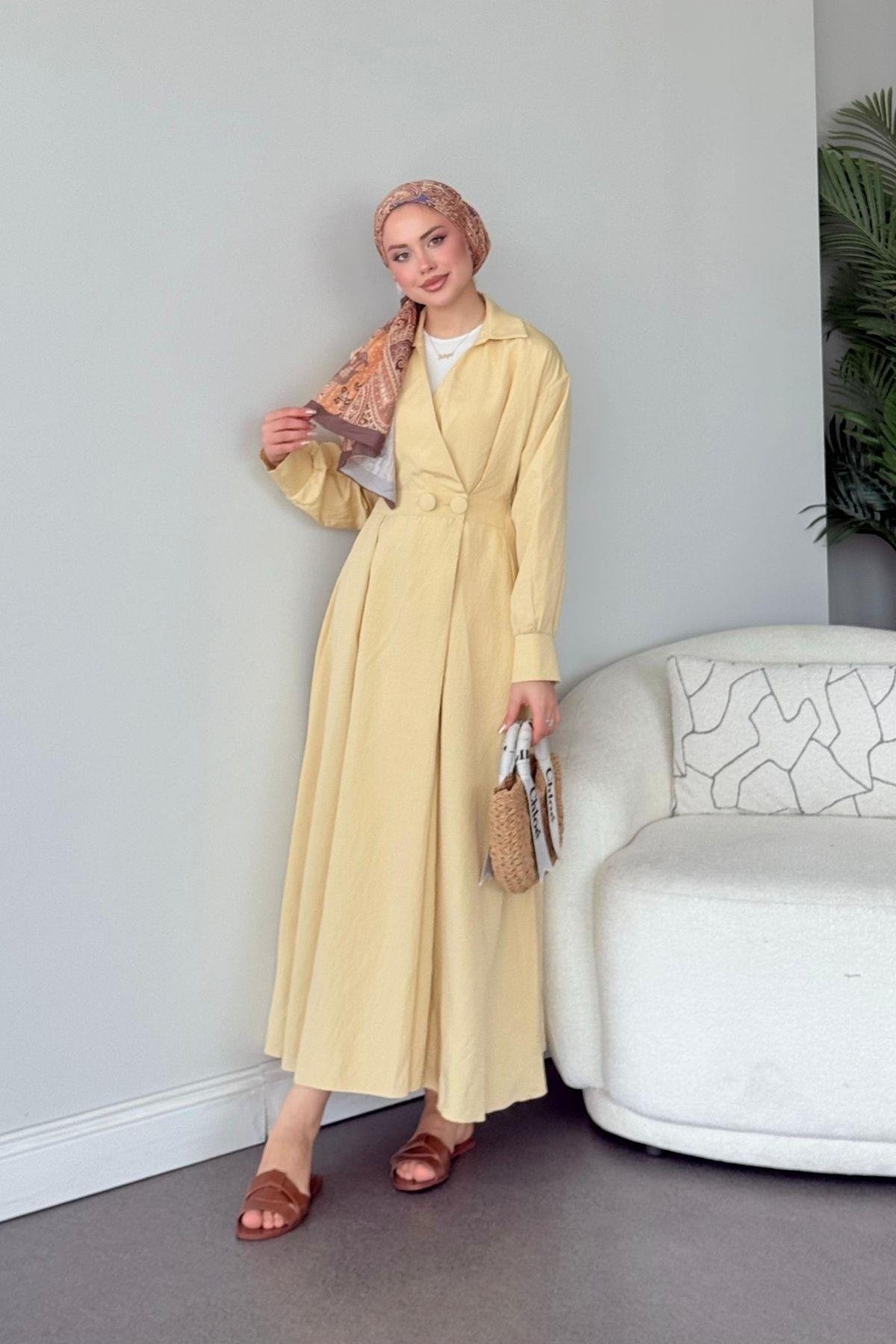 Elizabeth Düğmeli Elbise Sarı, Fiyatları Elizabeth Düğmeli Elbise Sarı- Haza Moda