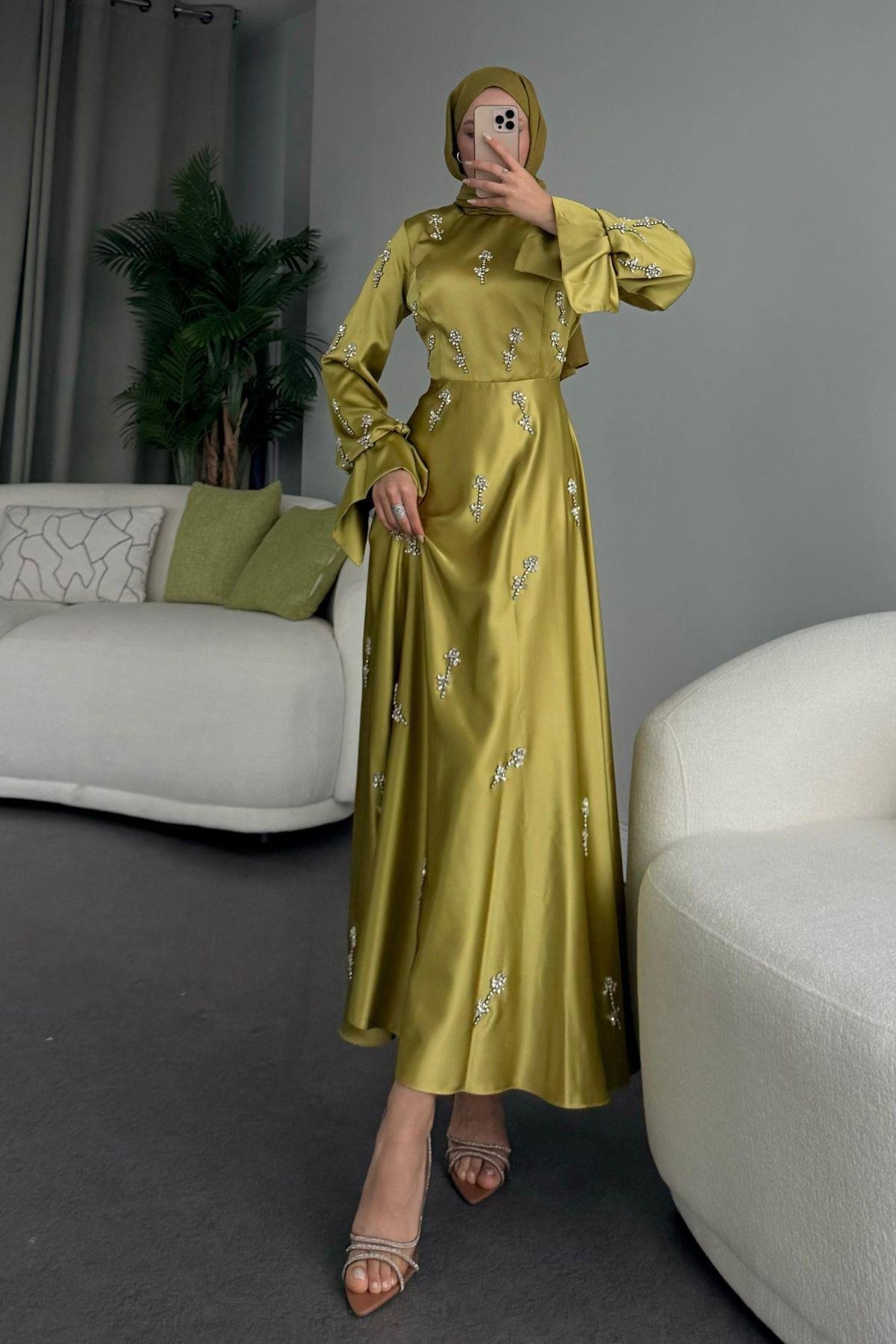 Emilia Prenses Taşlı Abiye Yağyeşili, Fiyatları 