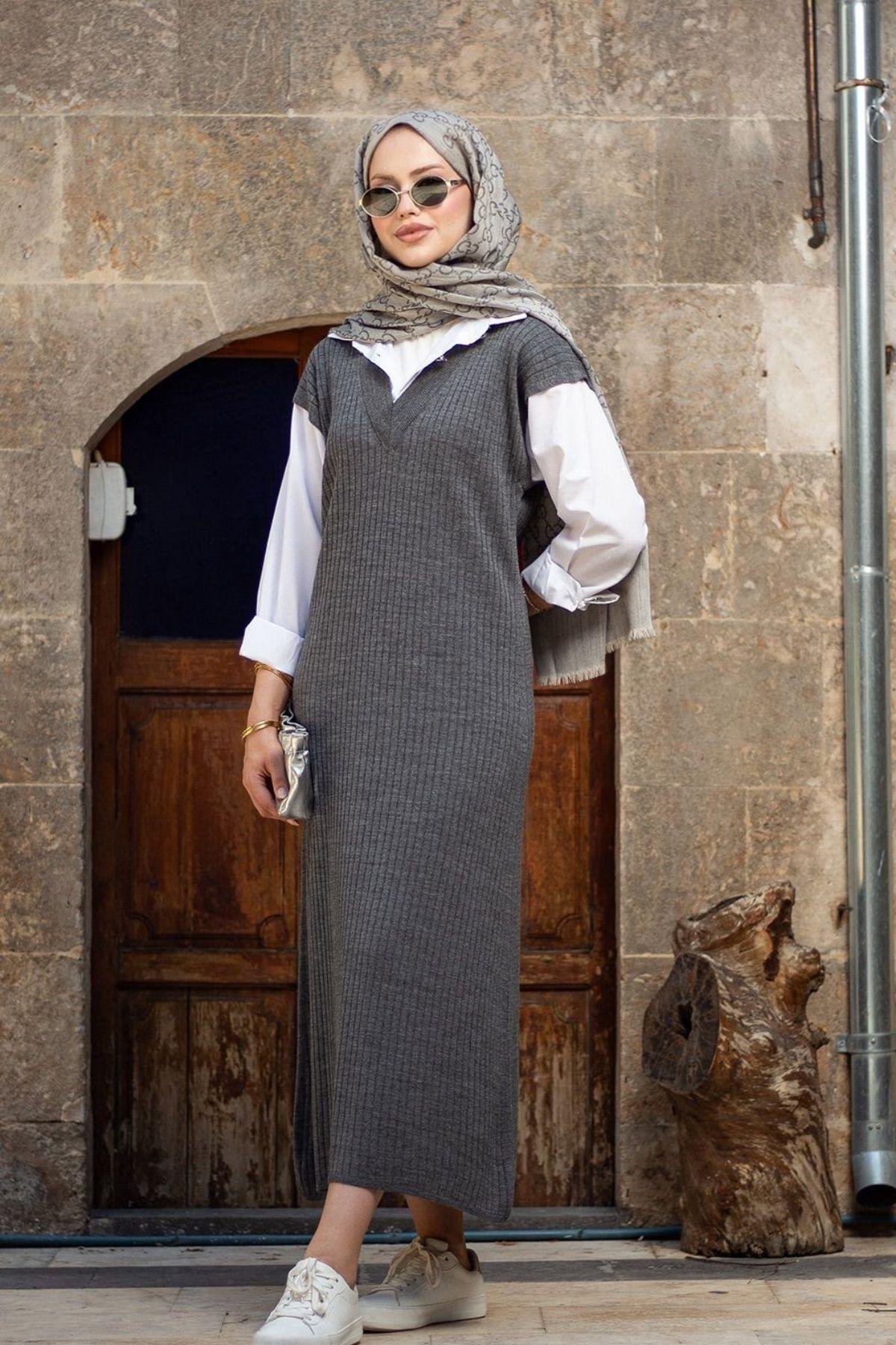 Ermes Gömlek Detaylı Elbise Gri, Fiyatları Ermes Gömlek Detaylı Elbise Gri- Haza Moda