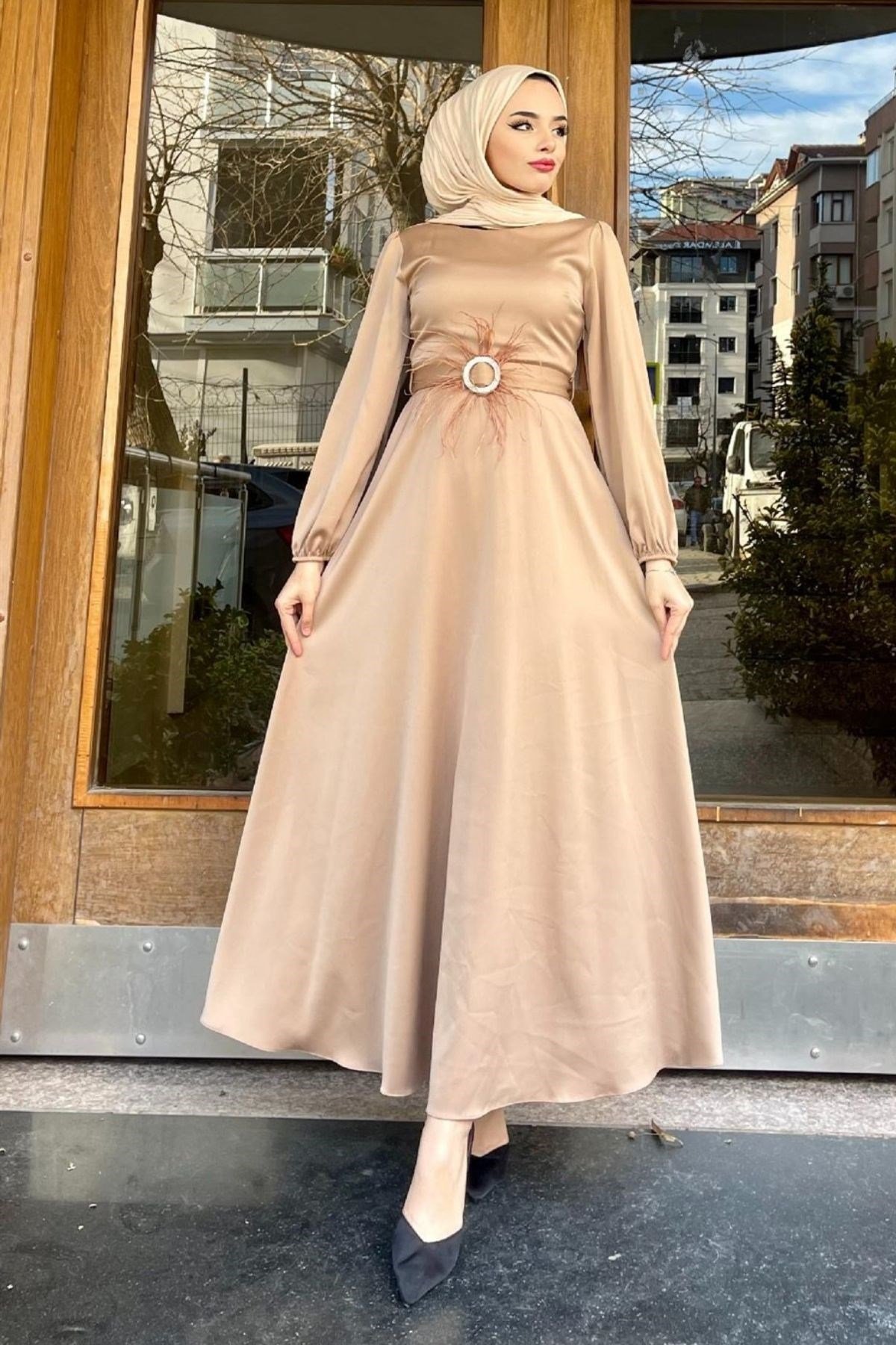 Esila Tüy Detay Abiye CAMEL, Fiyatları Esila Tüy Detay Abiye CAMEL– Haza Moda | Tesettür Giyim