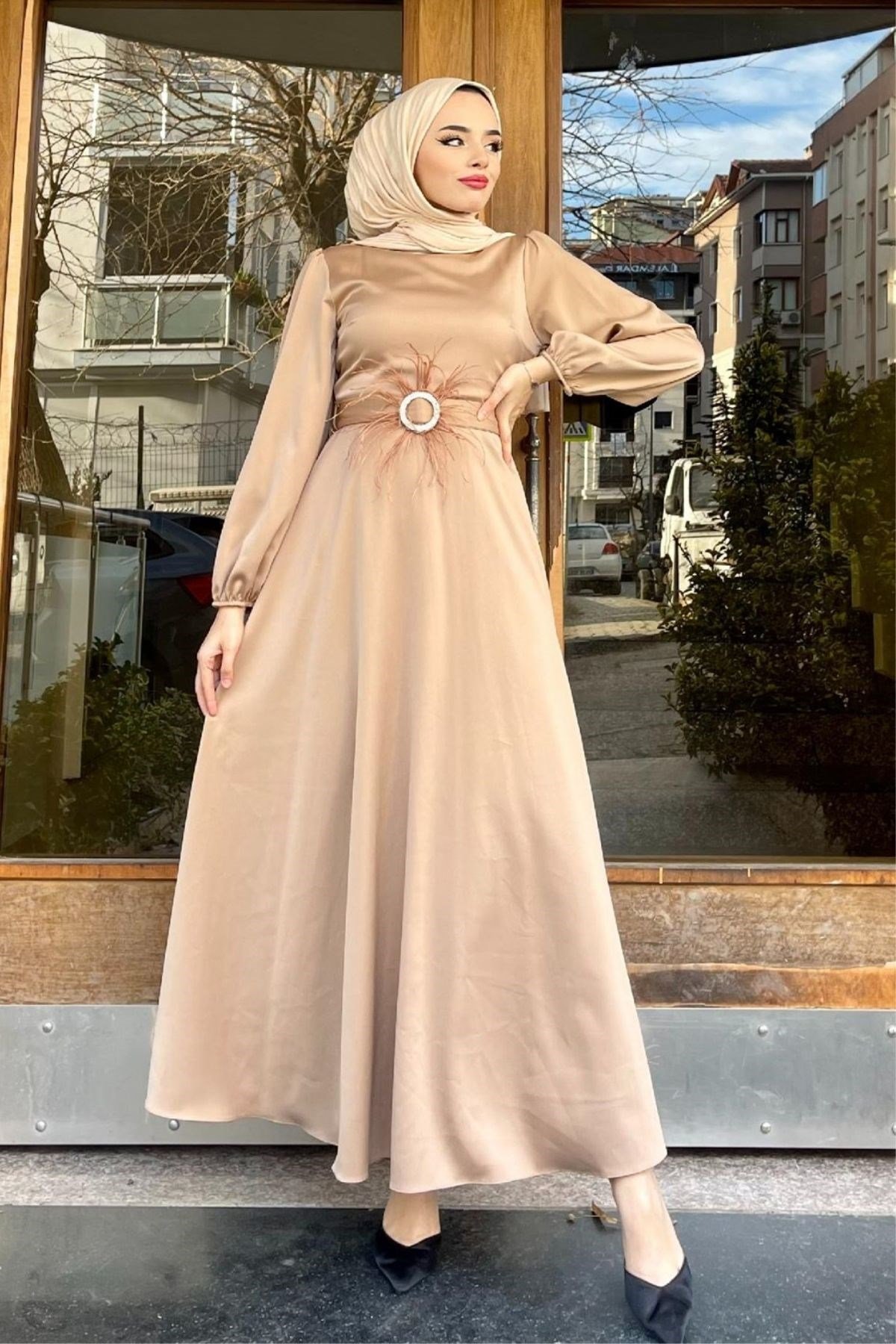 Esila Tüy Detay Abiye CAMEL, Fiyatları Esila Tüy Detay Abiye CAMEL– Haza Moda | Tesettür Giyim