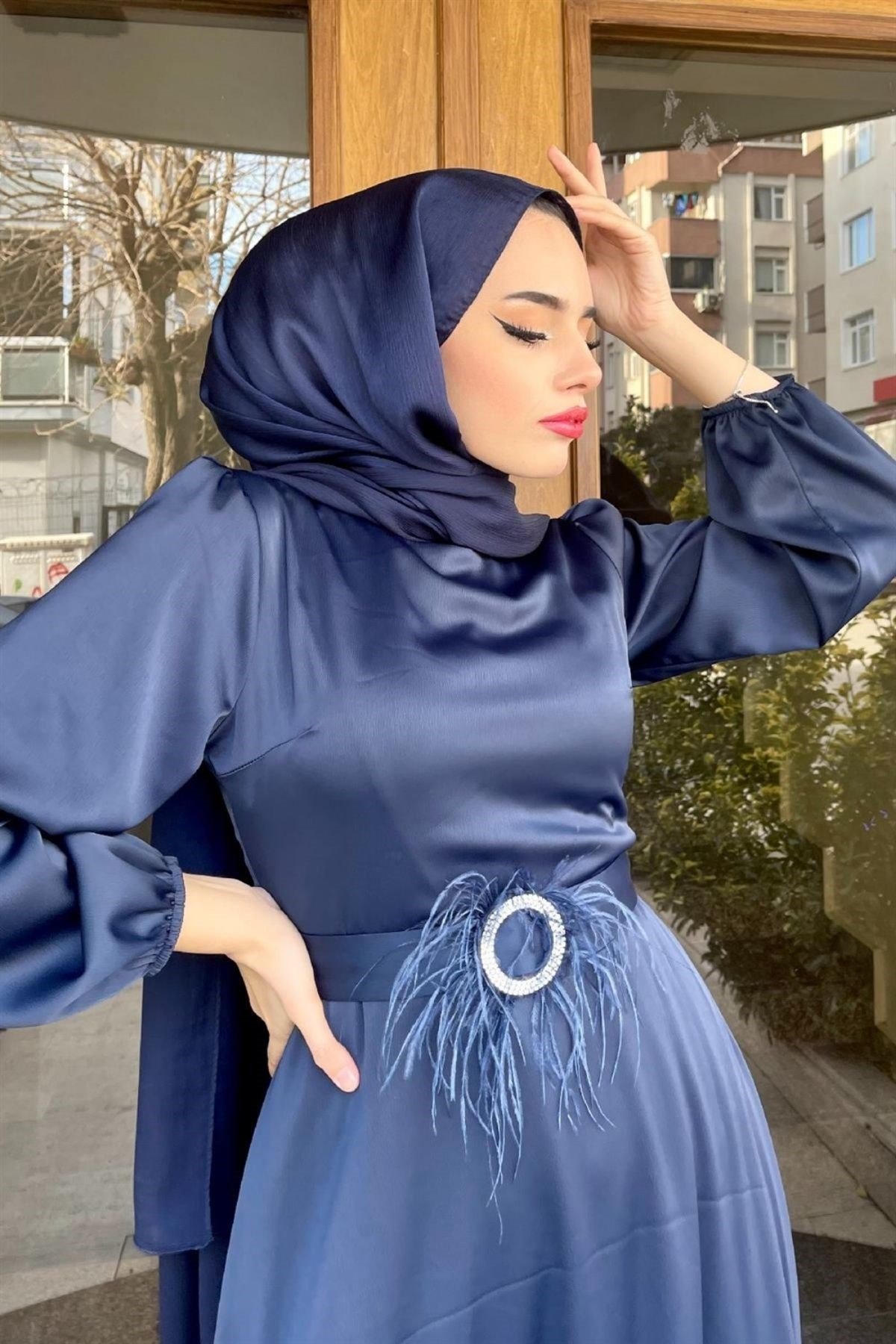 Esila Tüy Detay Abiye LACİVERT, Fiyatları Esila Tüy Detay Abiye LACİVERT– Haza Moda | Tesettür Giyim