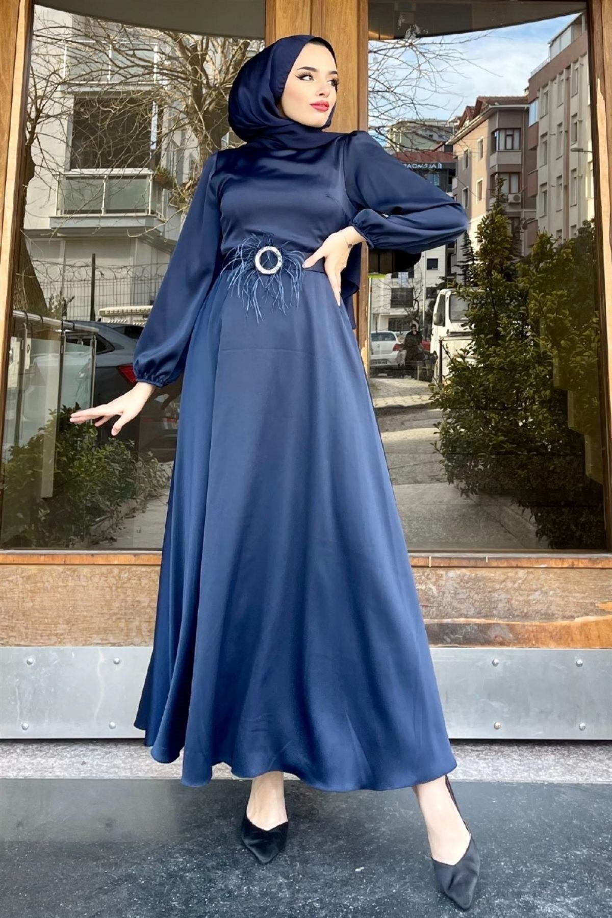 Esila Tüy Detay Abiye LACİVERT, Fiyatları Esila Tüy Detay Abiye LACİVERT– Haza Moda | Tesettür Giyim