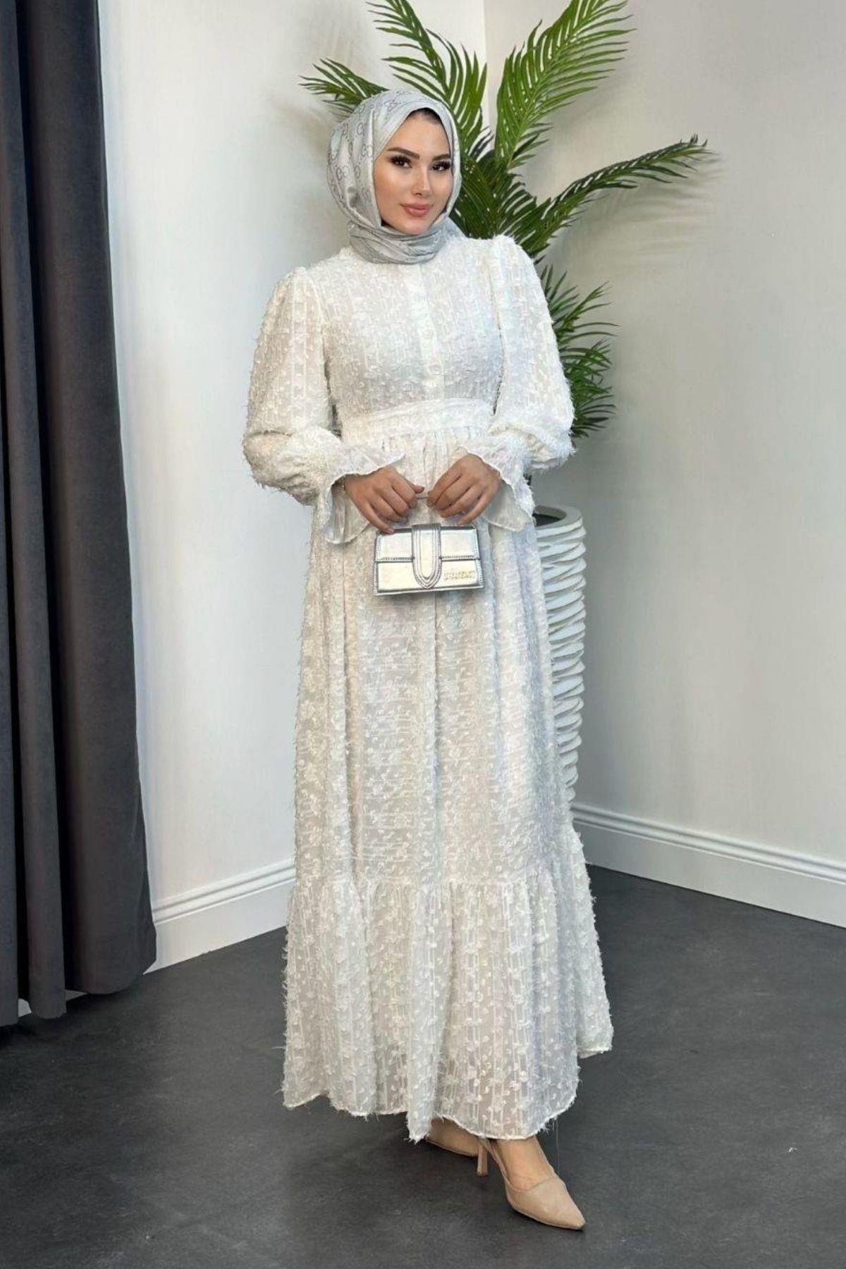 Esilay Elbise Beyaz, Fiyatları Haza Moda | Tesettür Giyim | Esilay Elbise Beyaz