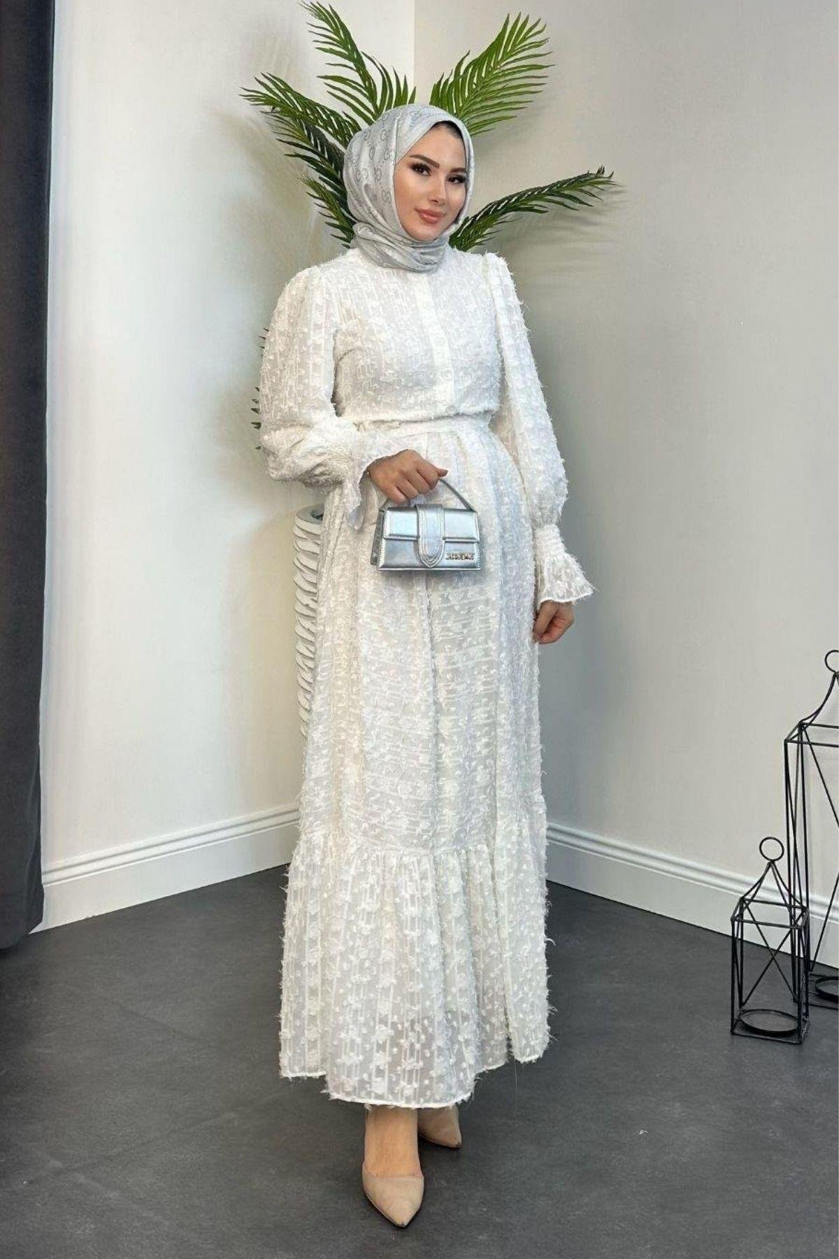 Esilay Elbise Beyaz, Fiyatları Haza Moda | Tesettür Giyim | Esilay Elbise Beyaz