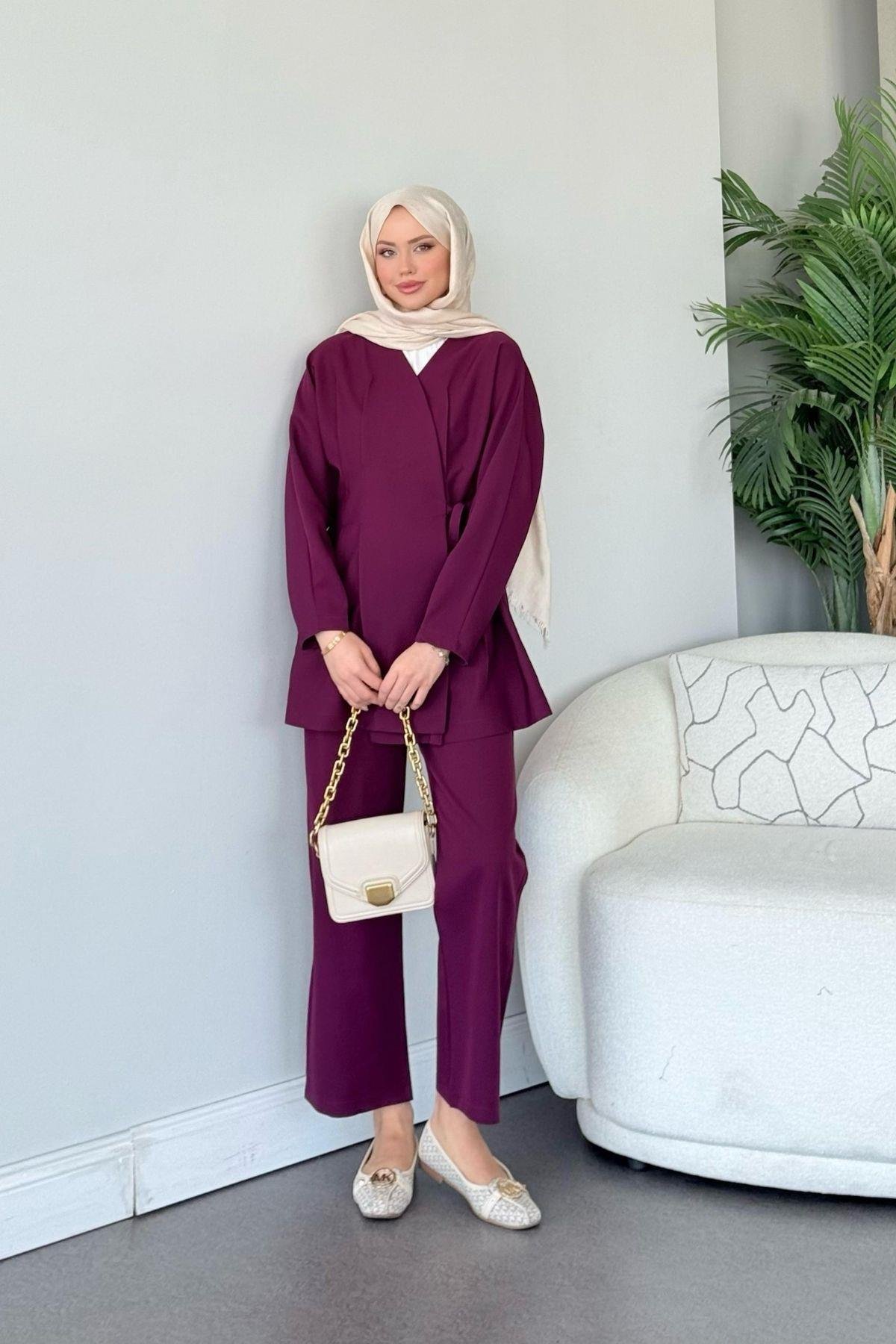 Esra Bağlamalı Takım Mürdüm, Fiyatları Esra Bağlamalı Takım Mürdüm - Haza Moda 