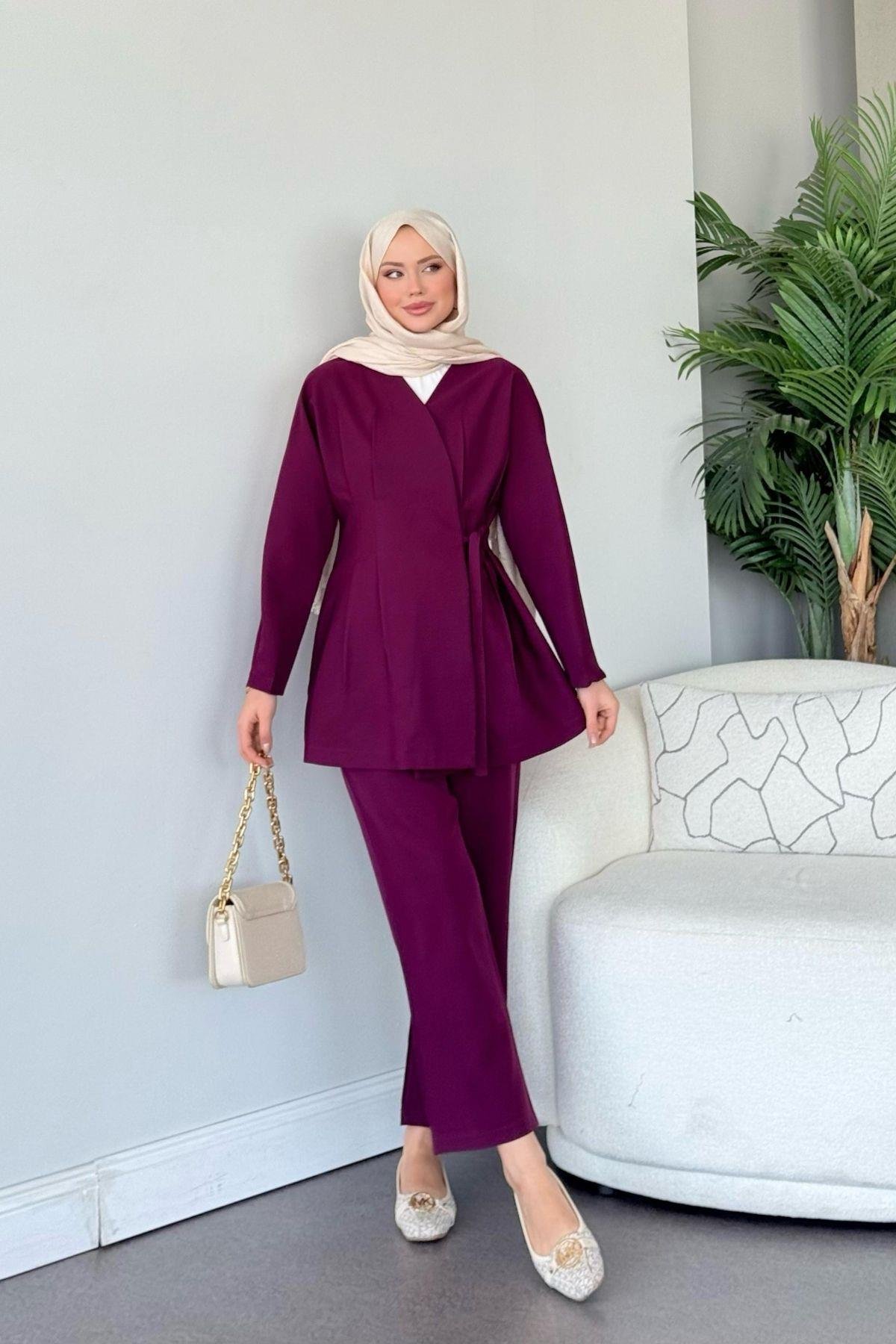 Esra Bağlamalı Takım Mürdüm, Fiyatları Esra Bağlamalı Takım Mürdüm - Haza Moda 